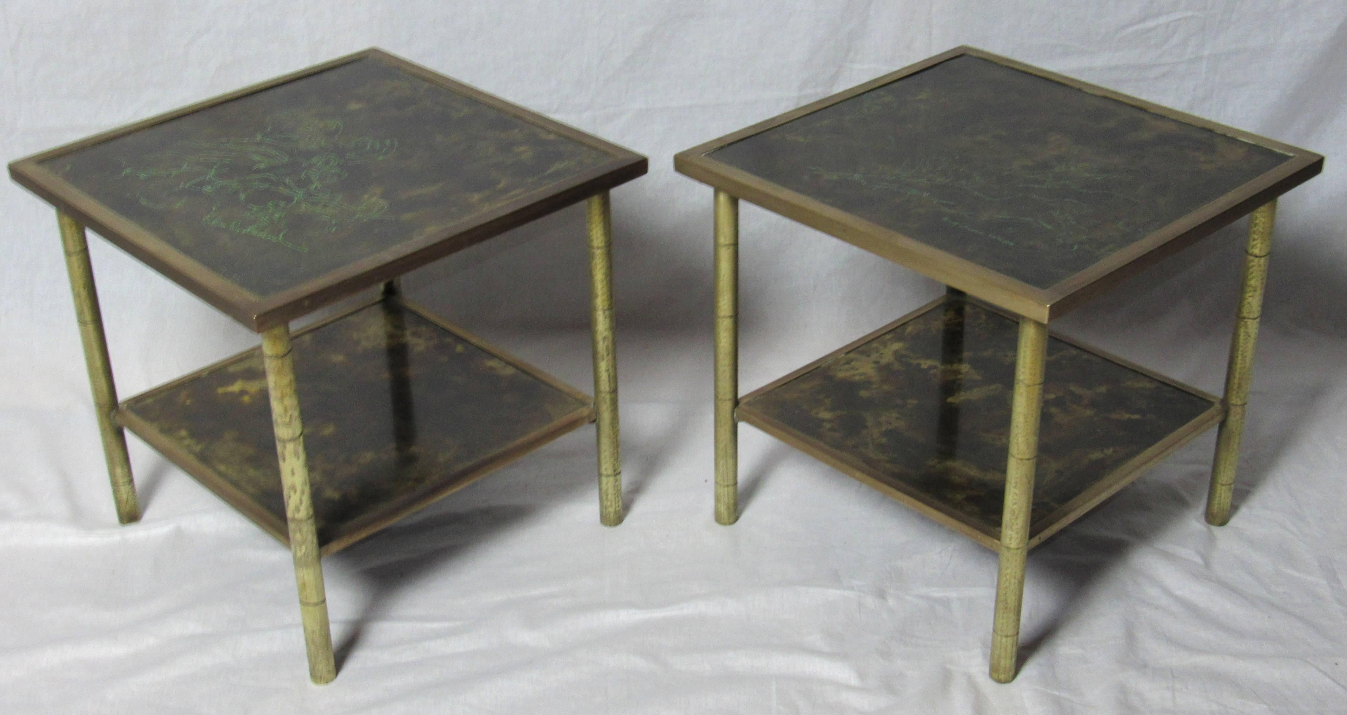A pair of etched brass side tables by Kelvin & Philip LaVerne. The classical etchings of nude women are from the 