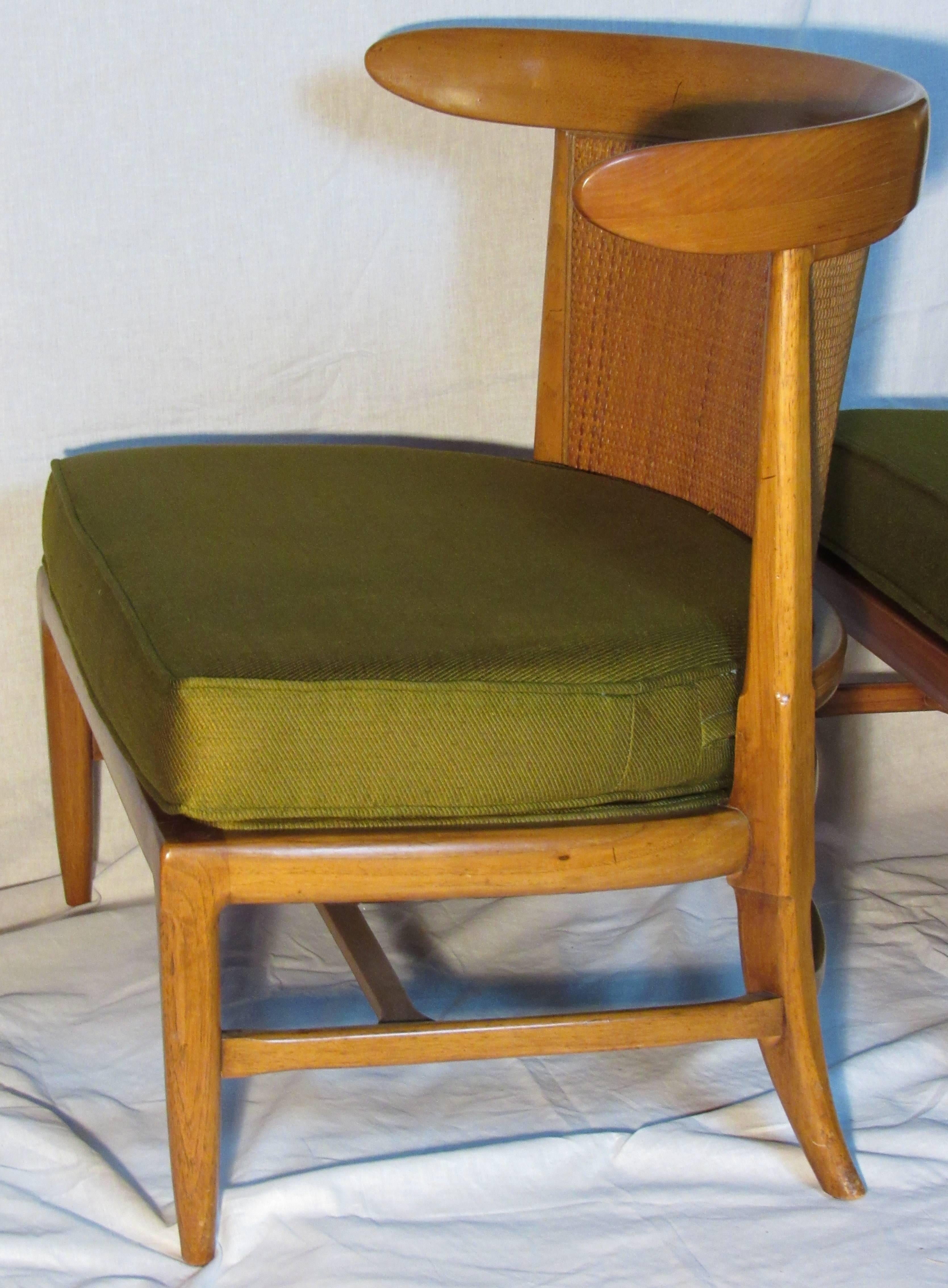 Four walnut slipper chairs with caned backs and vintage iridescent green cushion seats from the Sophisticate line for Tomlinson.
The chairs are in excellent vintage condition.