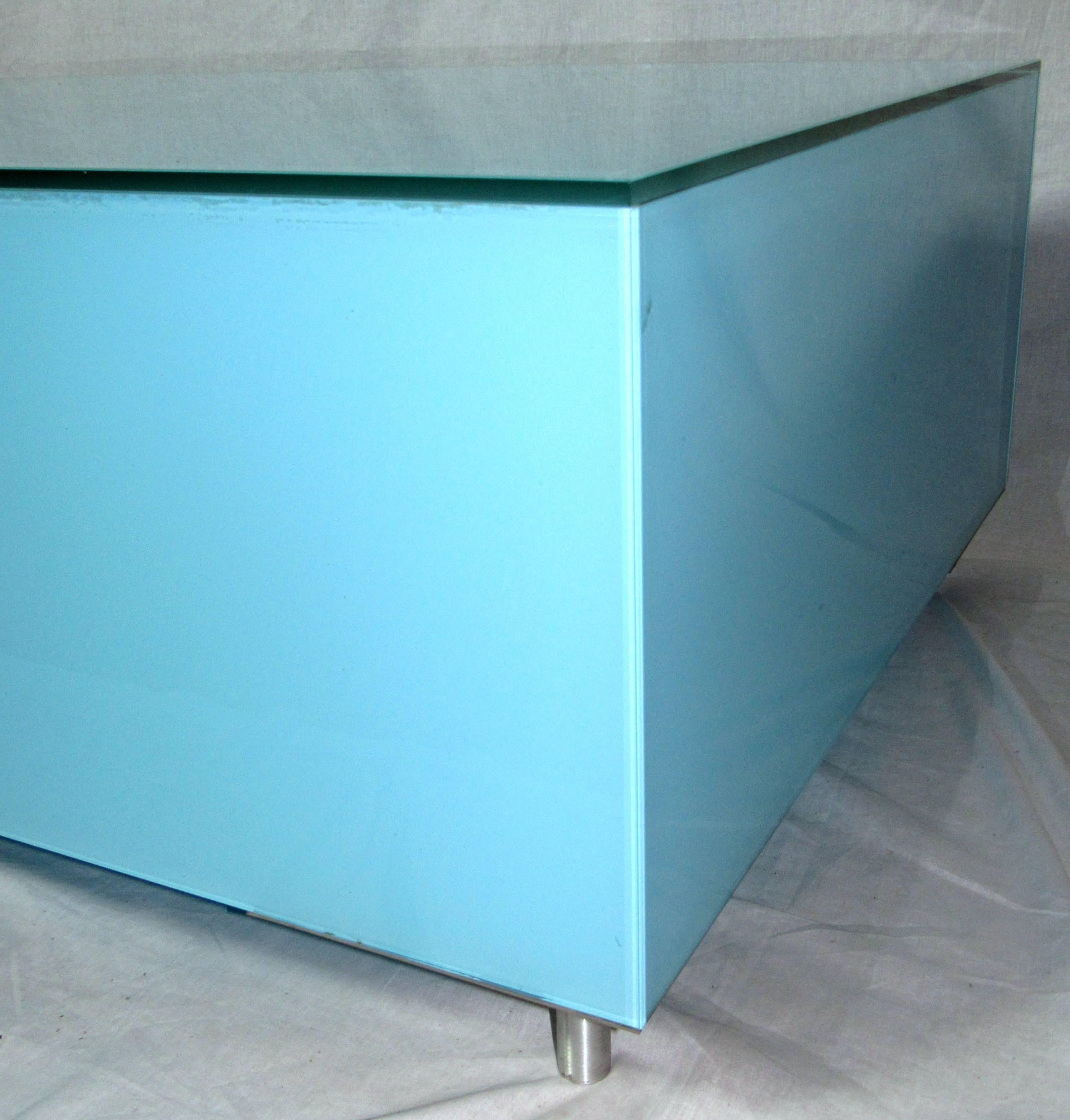 Glass Coffee Table Minimal Reverse Painted Robin's Egg Blue, Italy circa 1970 1