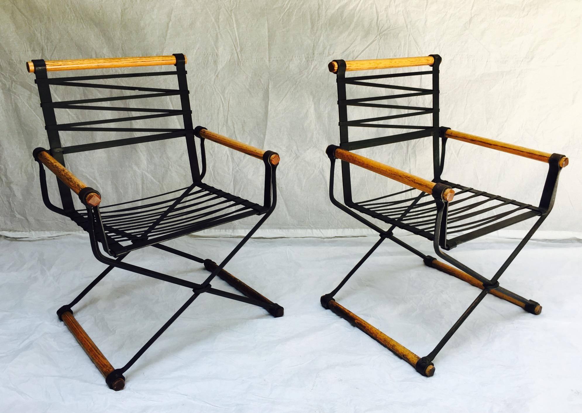 American Pair of Cleo Baldon Wrought Iron Campaign Armchairs for Terra, circa 1965