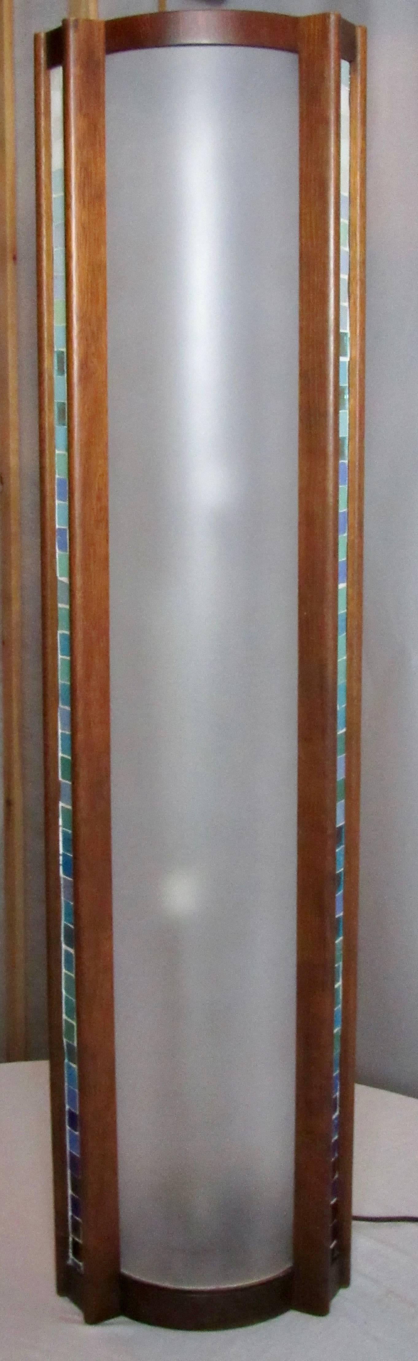 Mid-20th Century Walnut Martin Borenstein Cylindrical Lamp with Glass Tile Panels, circa 1952