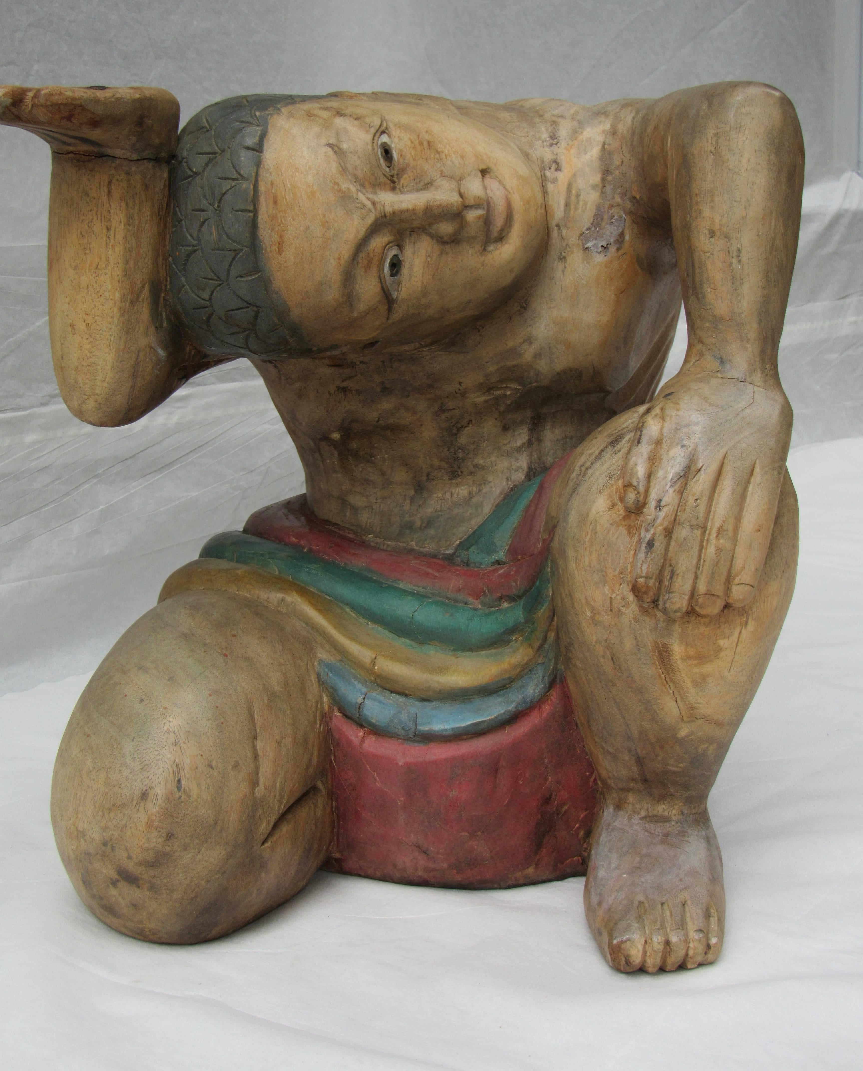 Hand-Carved Crouching Teak Figure End Table, circa 1970 1