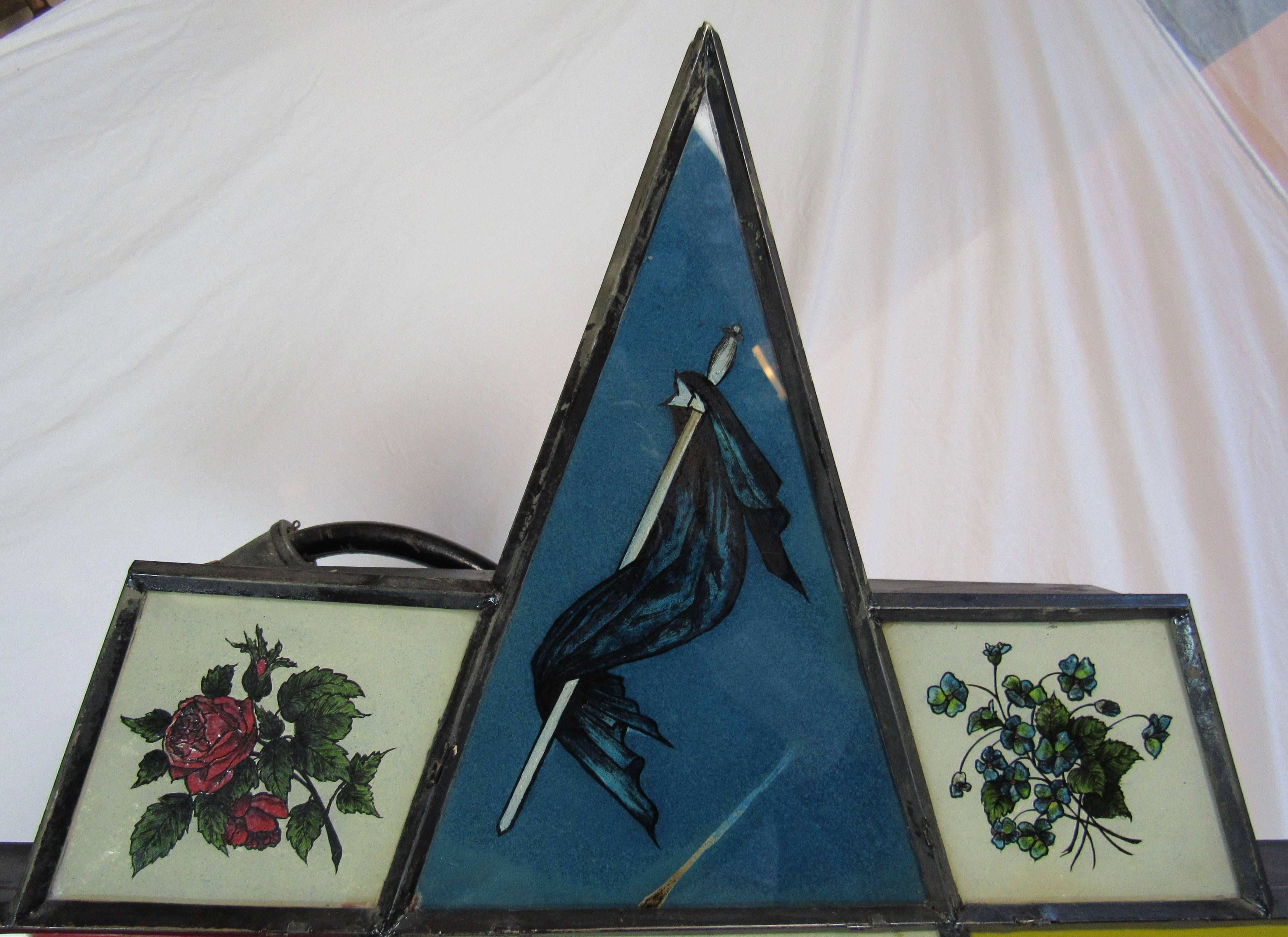American Reverse Painted Glass Sign 1920s Illuminated Star Masonic Temple Eastern Star For Sale