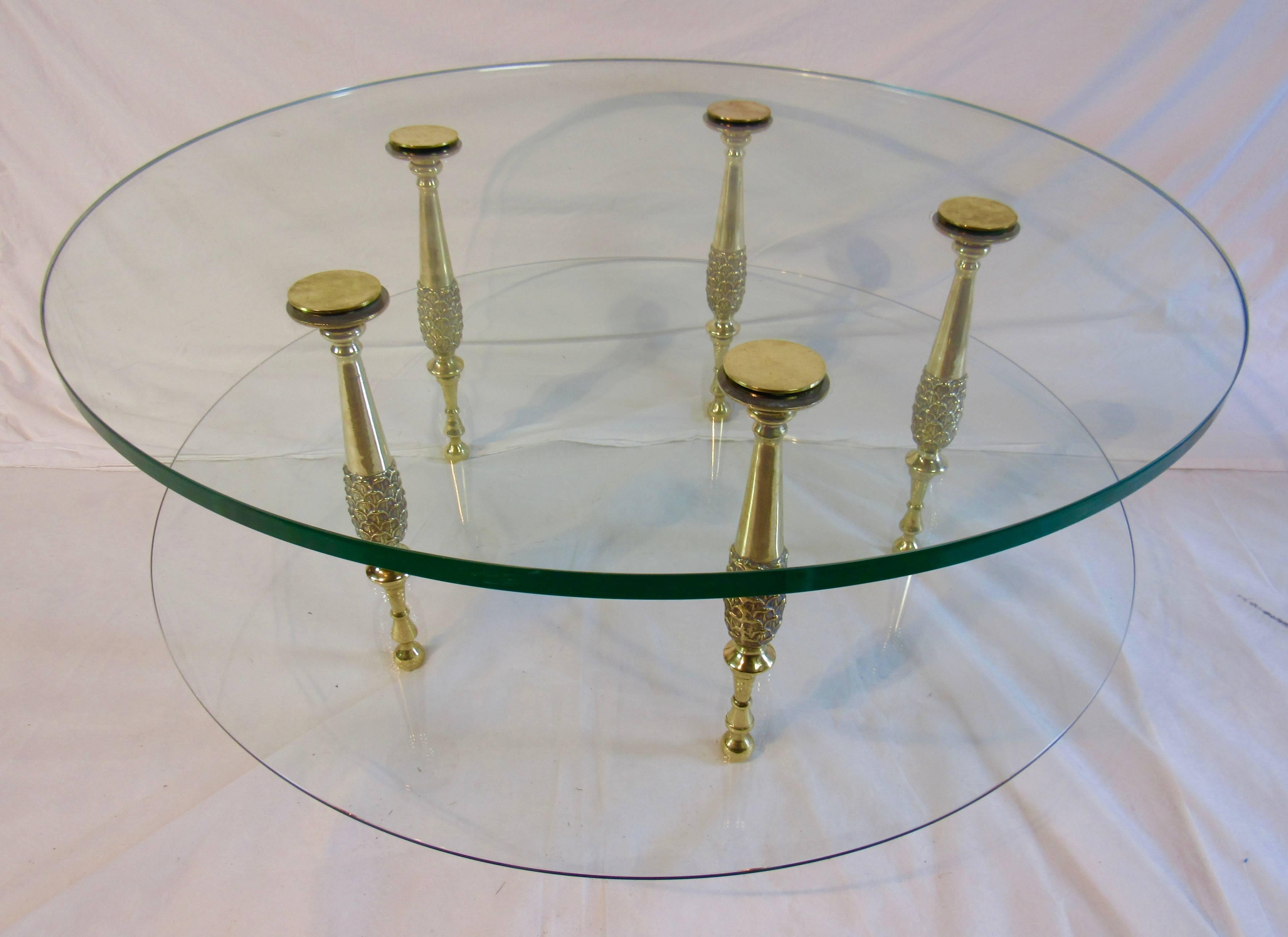 Mid-Century Modern Neoclassical Italian 1950s Circular Polished Bronze and Glass Cocktail Table For Sale