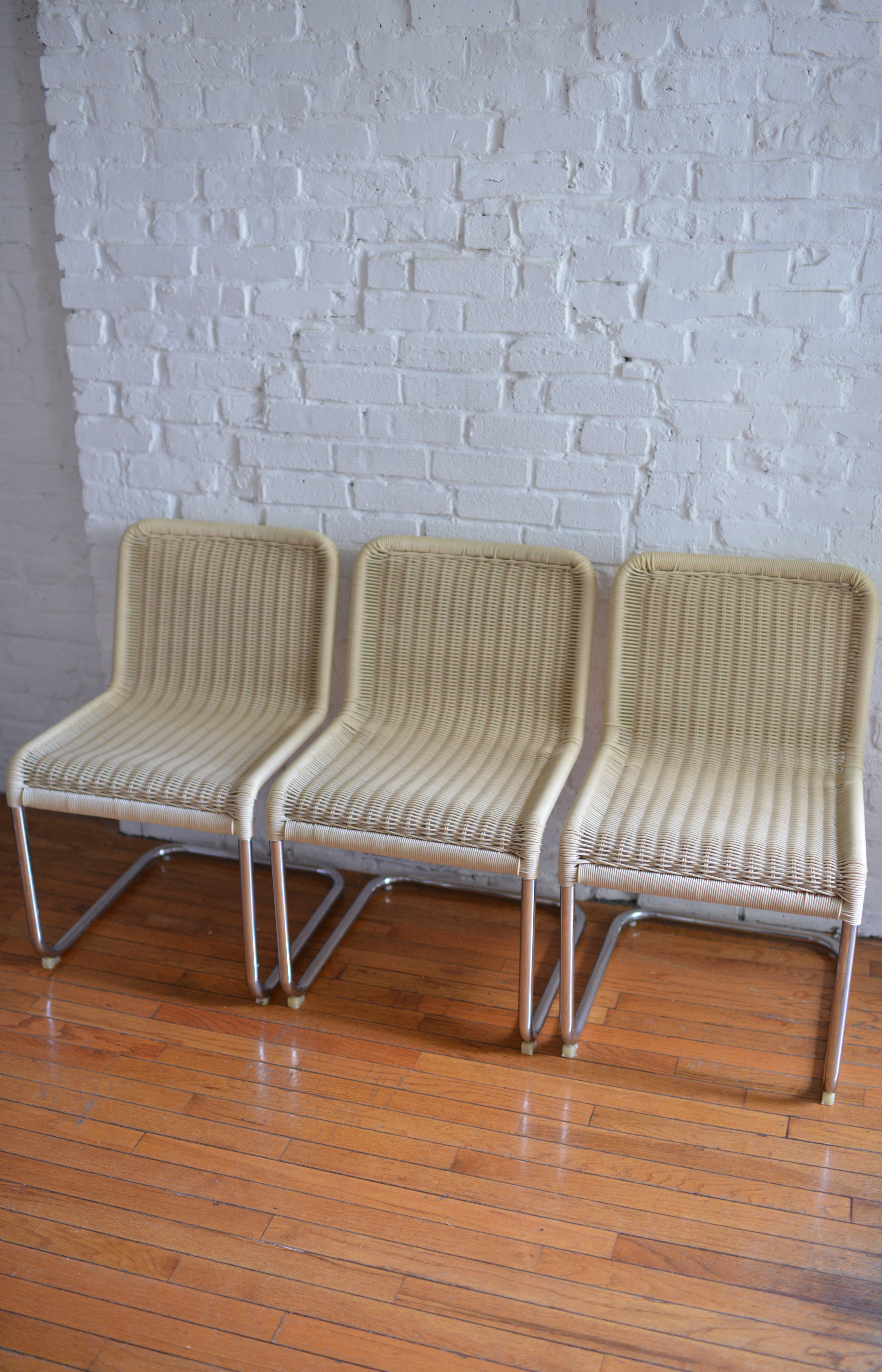 Set of 6 Marcel Breuer Style Woven Acrylic Rattan and Chrome Chairs