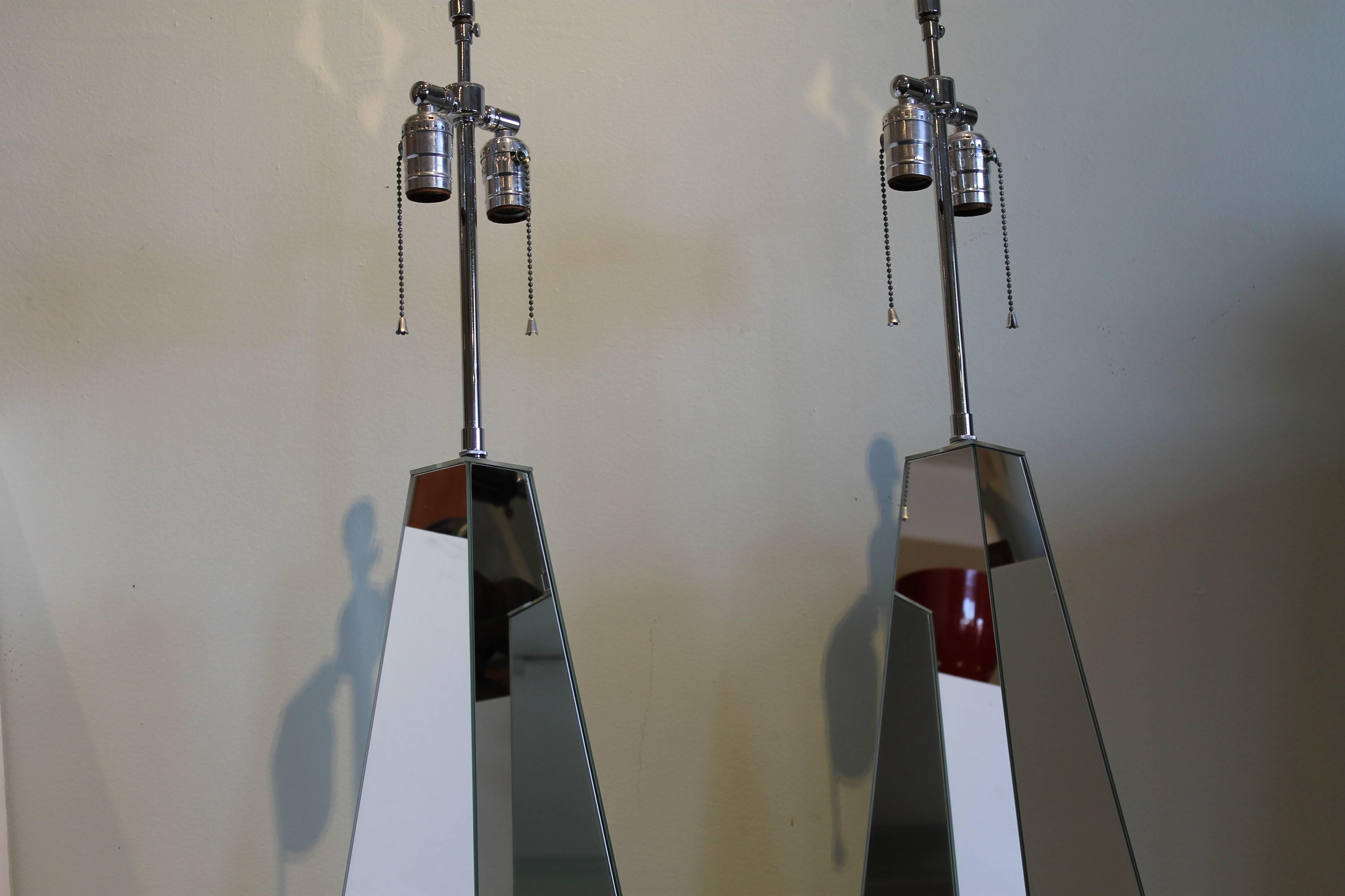 American Pair of Mirrored Obelisk Lamps with Lucite Bases