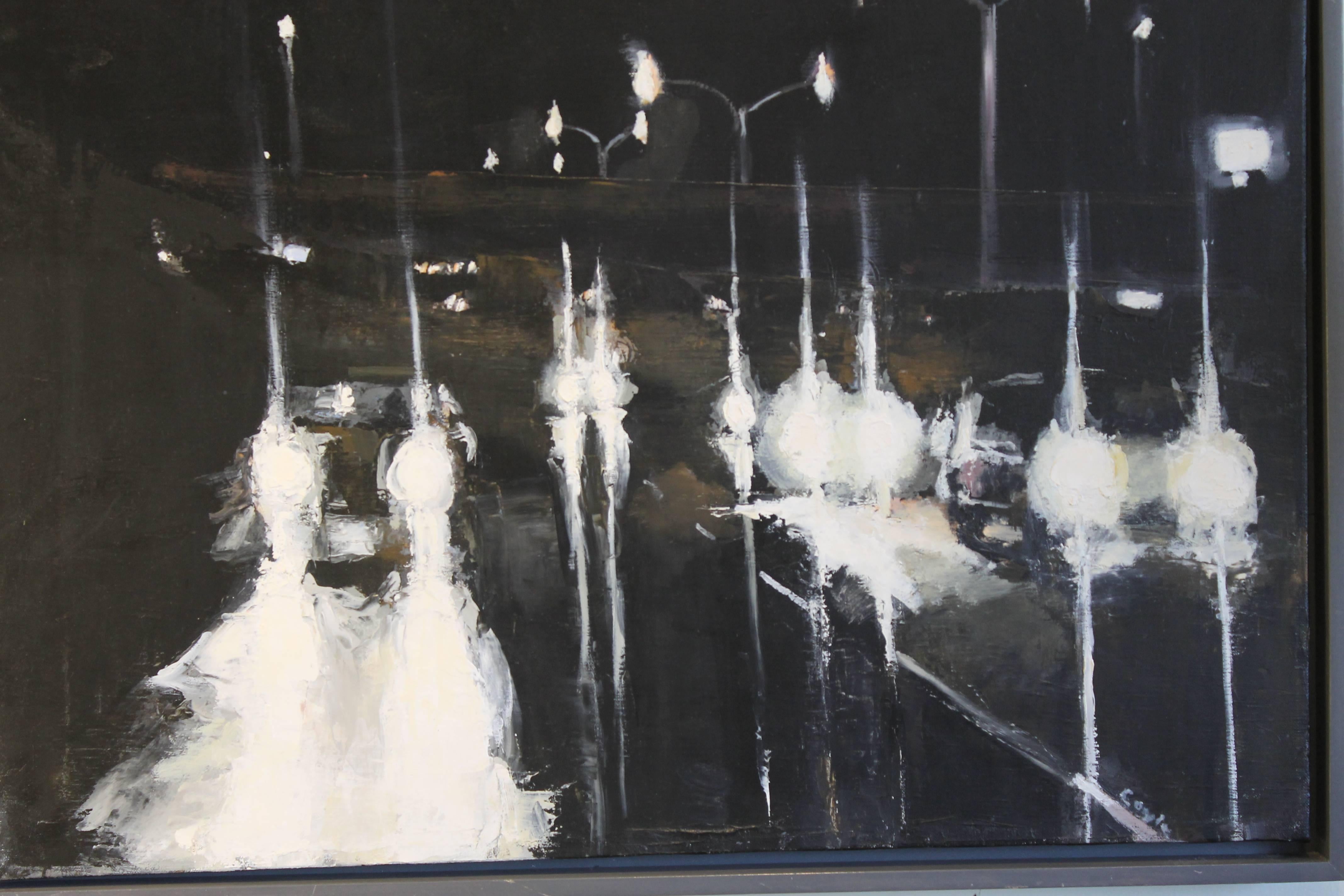 A oil on canvas depicting headlights at night in the rain titled "Detroit", circa 2012. This painting features thick palette knife technique and strikingly modern color sense. Painting measures 19.5" high by 25" deep, and retains