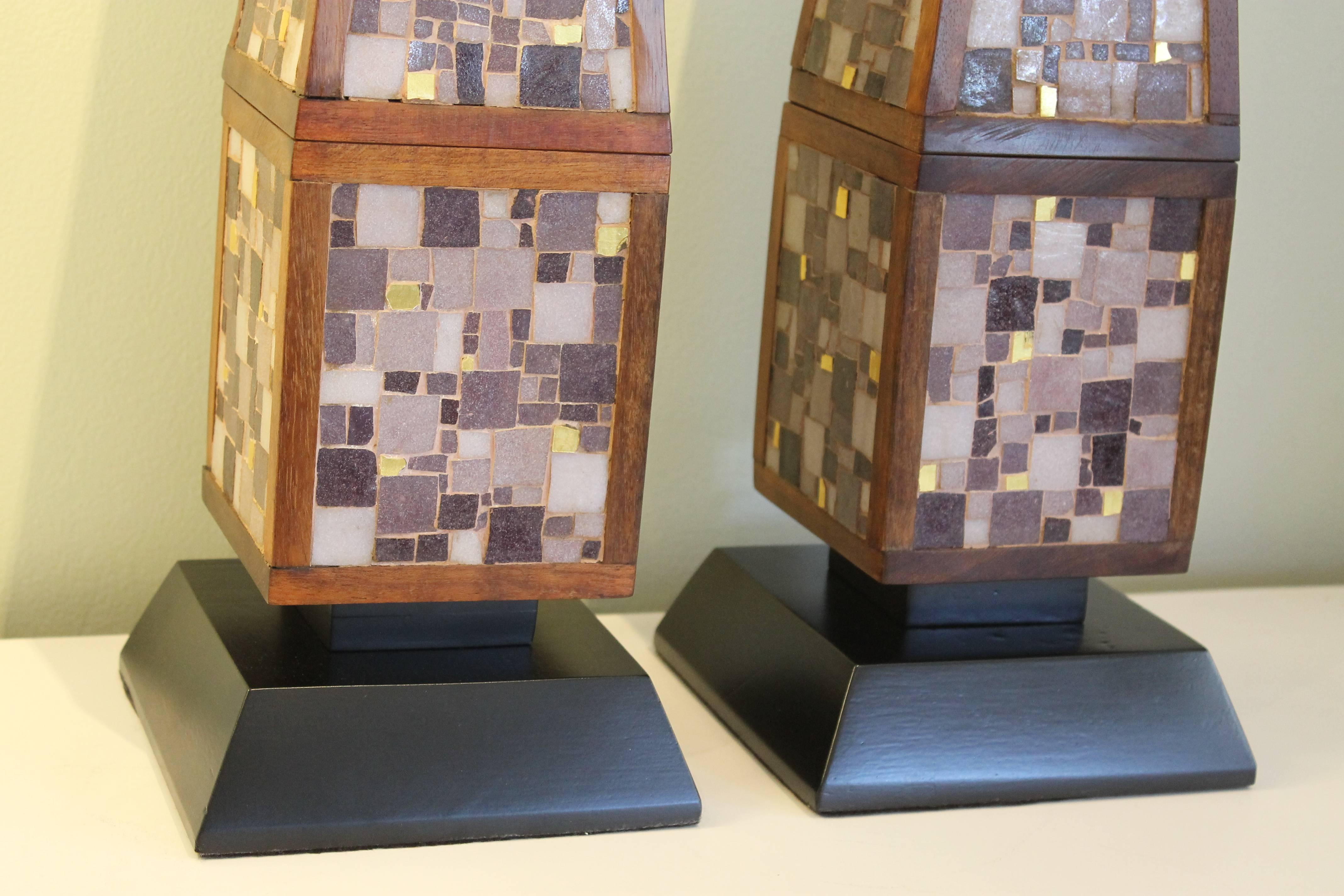 Mid-20th Century Pair of Monumental Glass Mosaic Obelisk Lamps