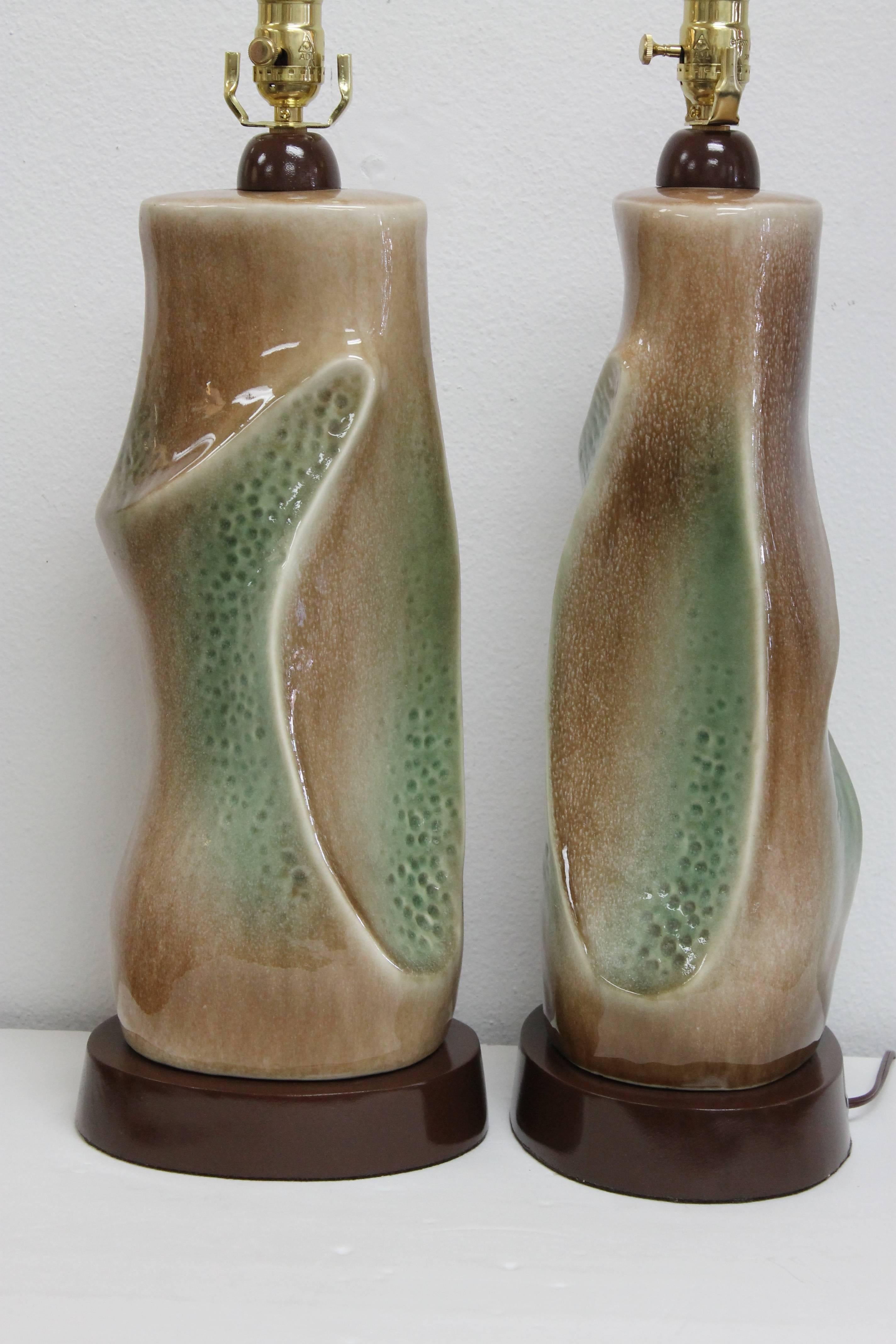 Pair of Ceramic Brown and Green Lamps For Sale 1