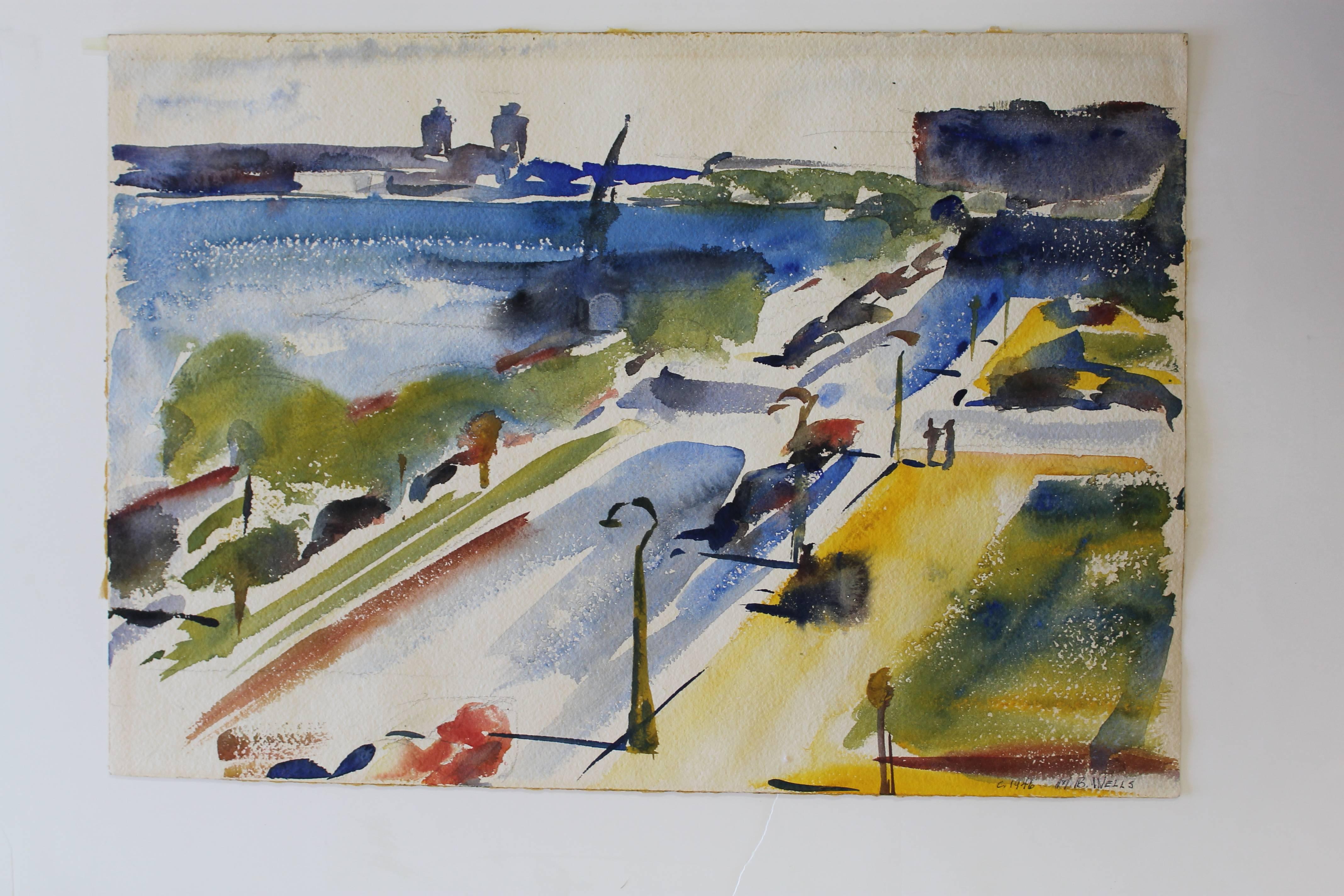 Mason Wells (1906-1984) watercolor dated 1946 and shows view of 936 Lake Shore Drive.
Mason Bacheller Wells was born in Southbridge, Massachusetts, attended Harvard, Yale and San Francisco Art Institute. He was active/lived in California,