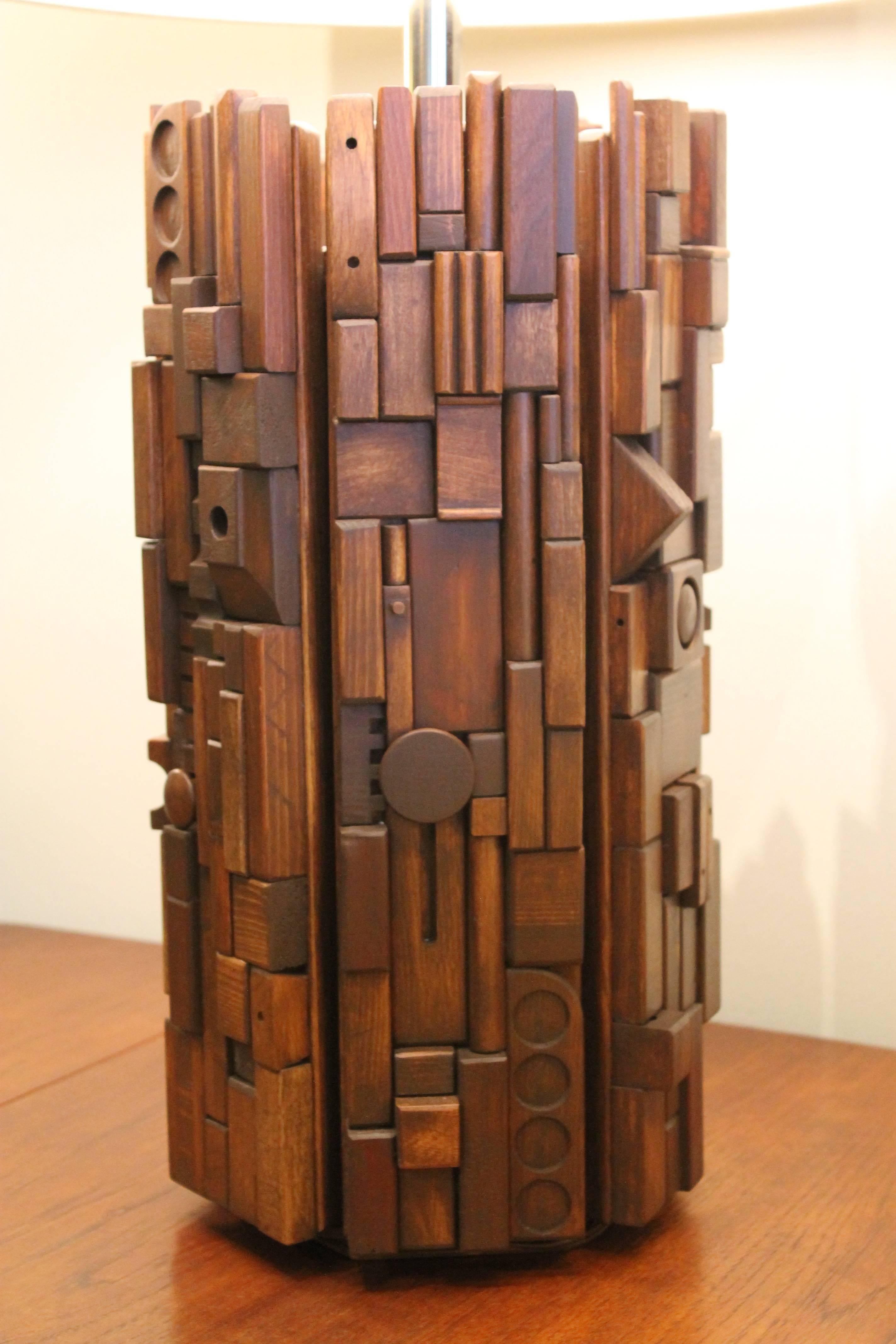 Mid-20th Century Wood Mosaic Lamp Attributed to Mabel Hutchinson