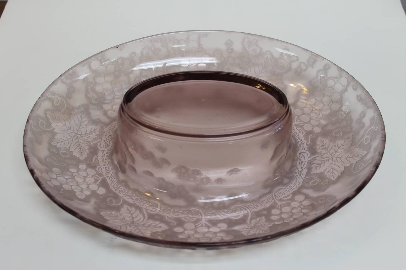 Glass Etched Grape Serving Bowl For Sale