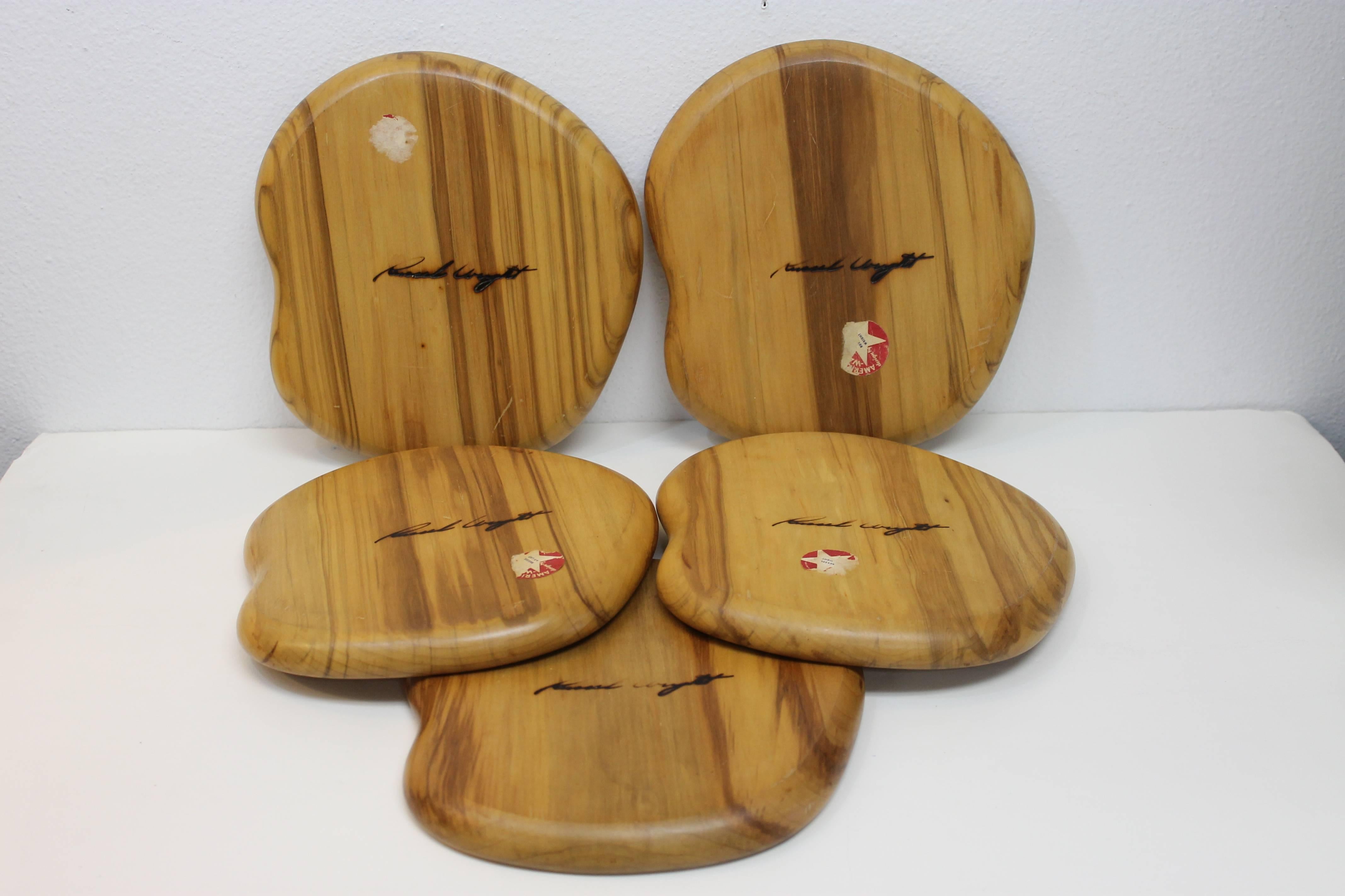 Russel Wright individually sized trays. Some trays have partial American way labels. Part of a wood line designed by husband and wife Industrial designers Russel and Mary Wright. Ann Kerr mentions these were probably sold in groupings. Price is per