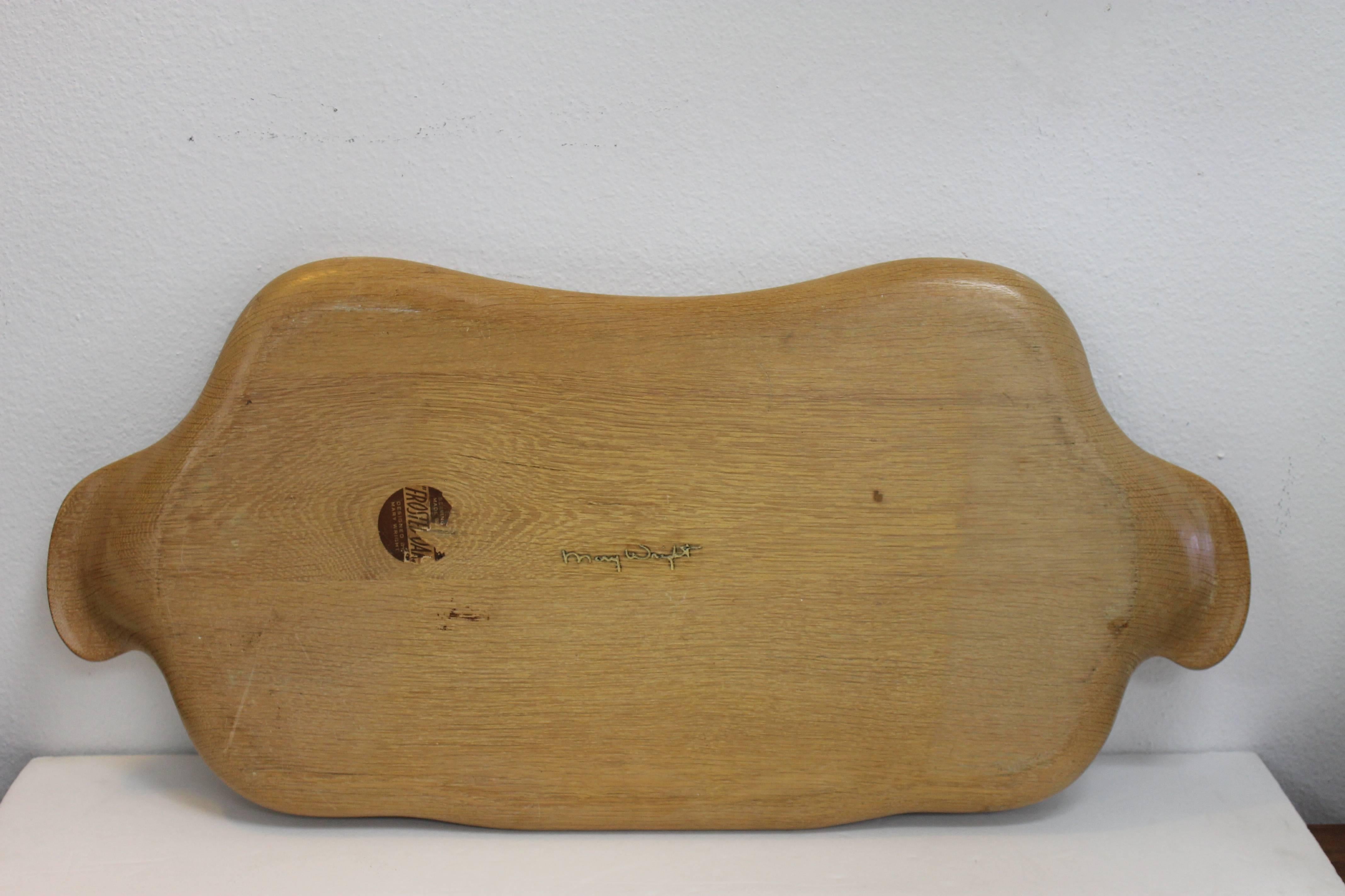 Mary Wright frosted oak serving or hostess tray. Contains the frosted oak label. Part of a wood line designed by husband and wife industrial designers Russel Wright / Mary Wright. This tray is pictured on page 120 in the collectors encyclopedia of