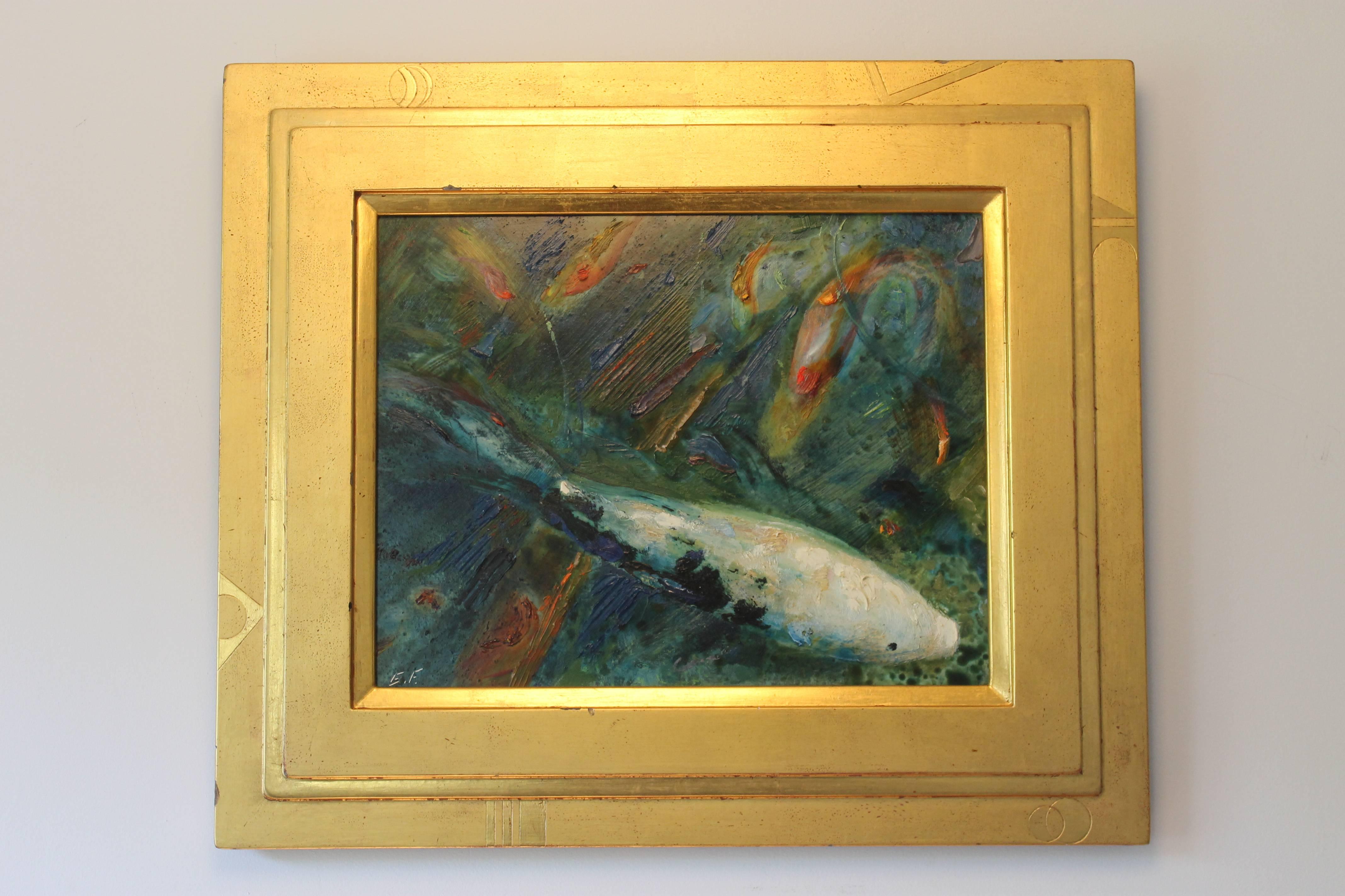 Edwin (Eddie) Friedman (1948-2011) koi oil painting. Denver, Colorado artist. 
 With frame it measures 20.75” wide, 1” deep and 17.75” high. Actual painting measures 13.5” wide and 10.5” high.