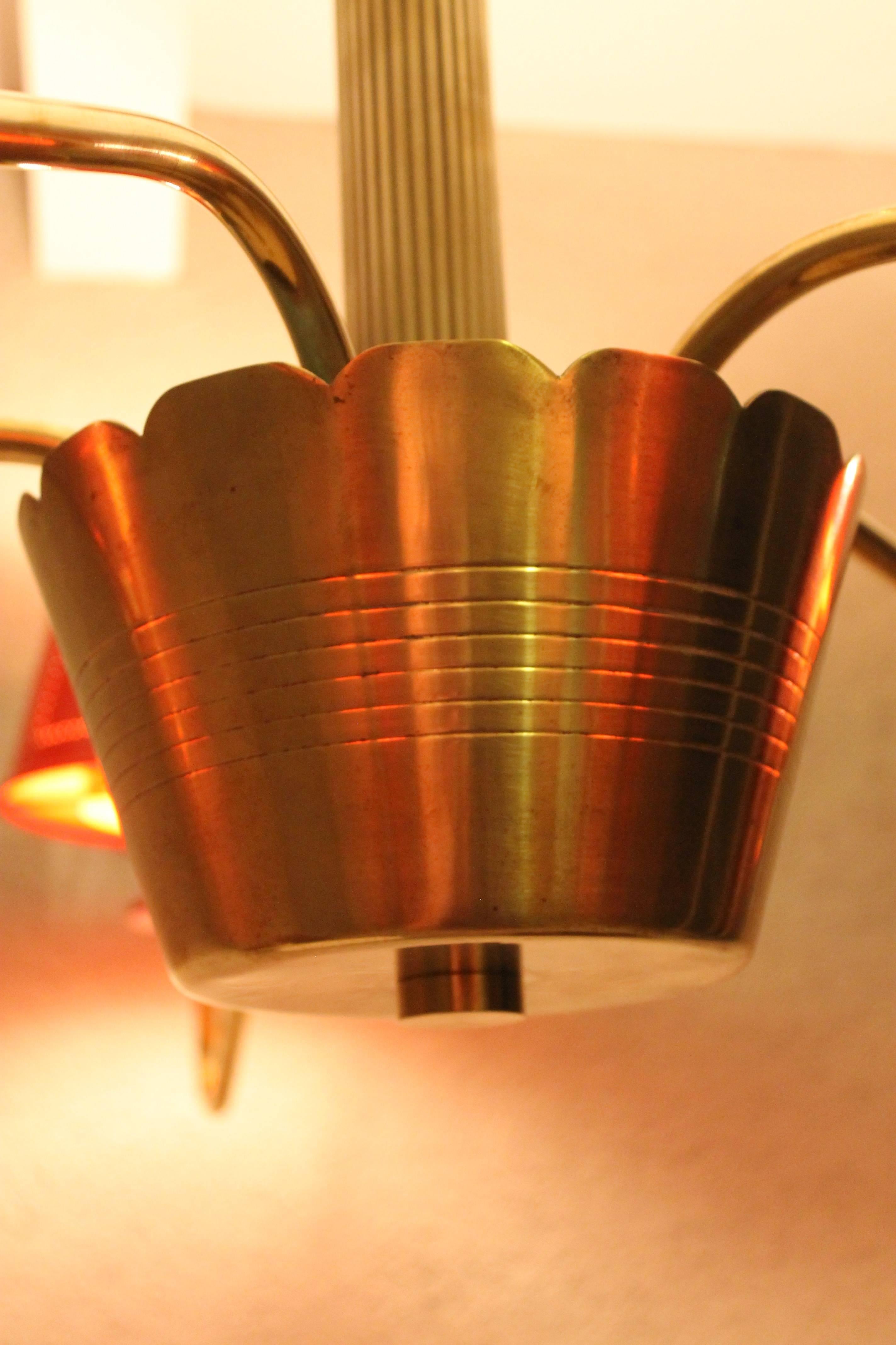 Brass and Glass Red Chandelier in the Style of Tommi Parzinger 2