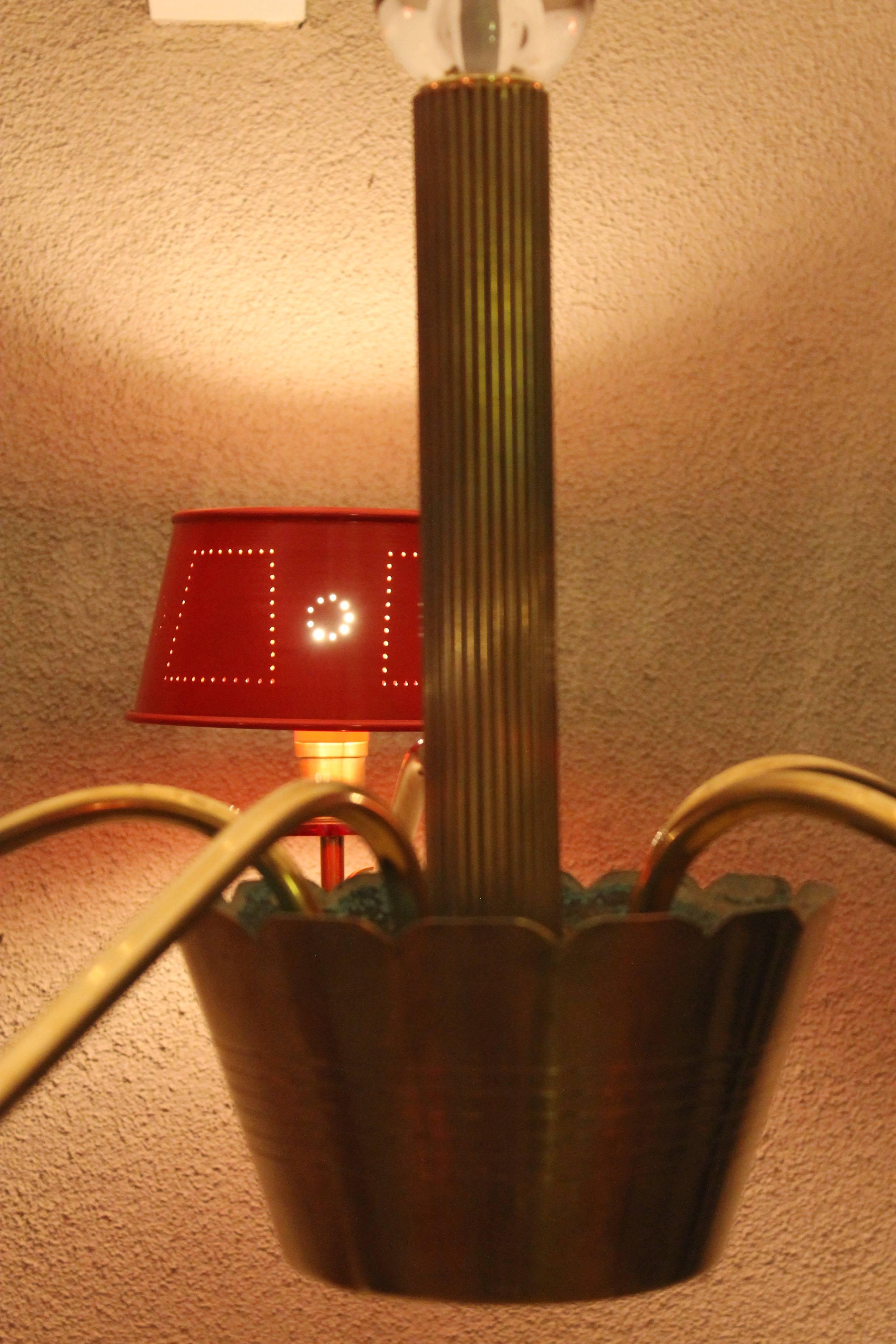 Brass and Glass Red Chandelier in the Style of Tommi Parzinger 1