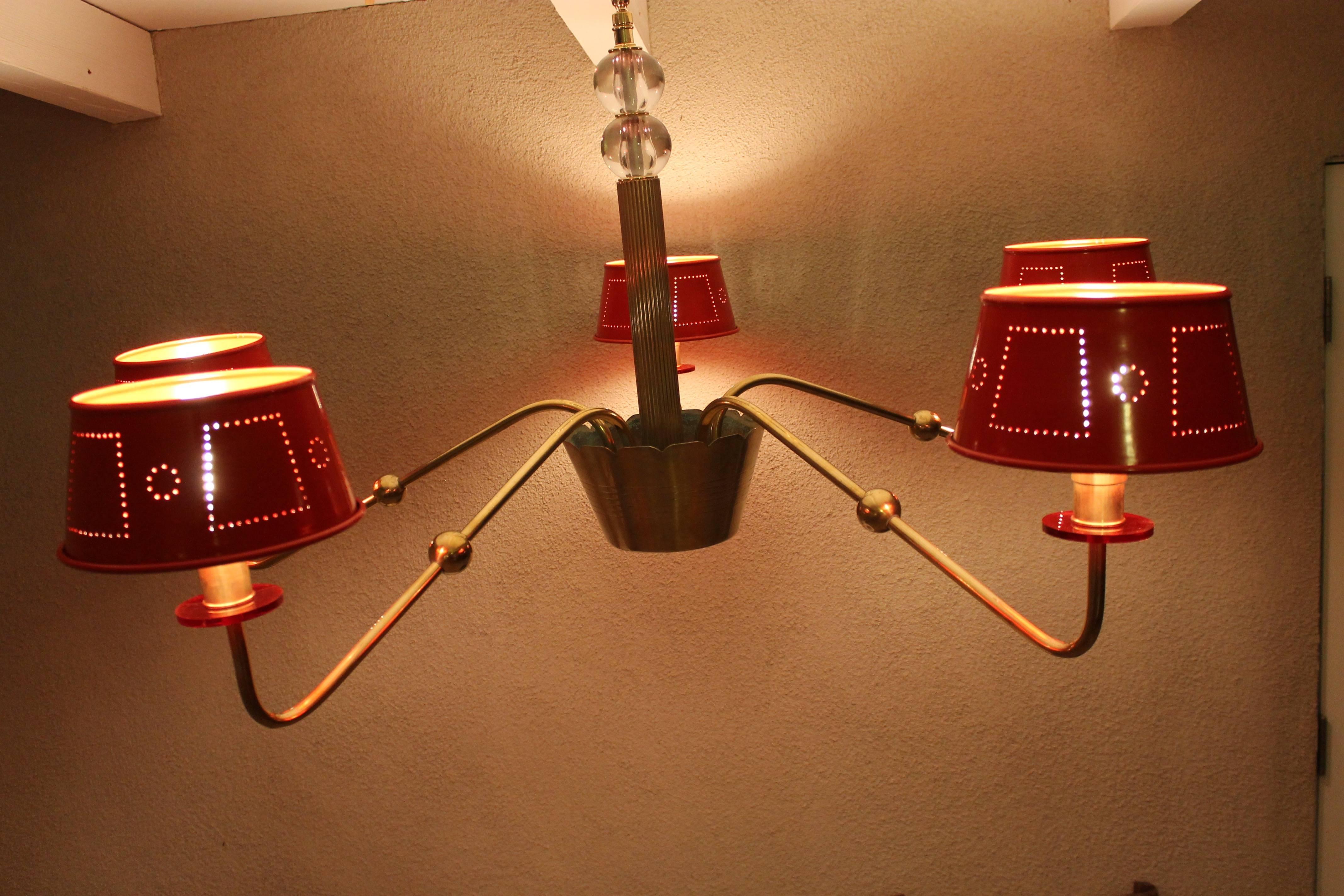American Brass and Glass Red Chandelier in the Style of Tommi Parzinger