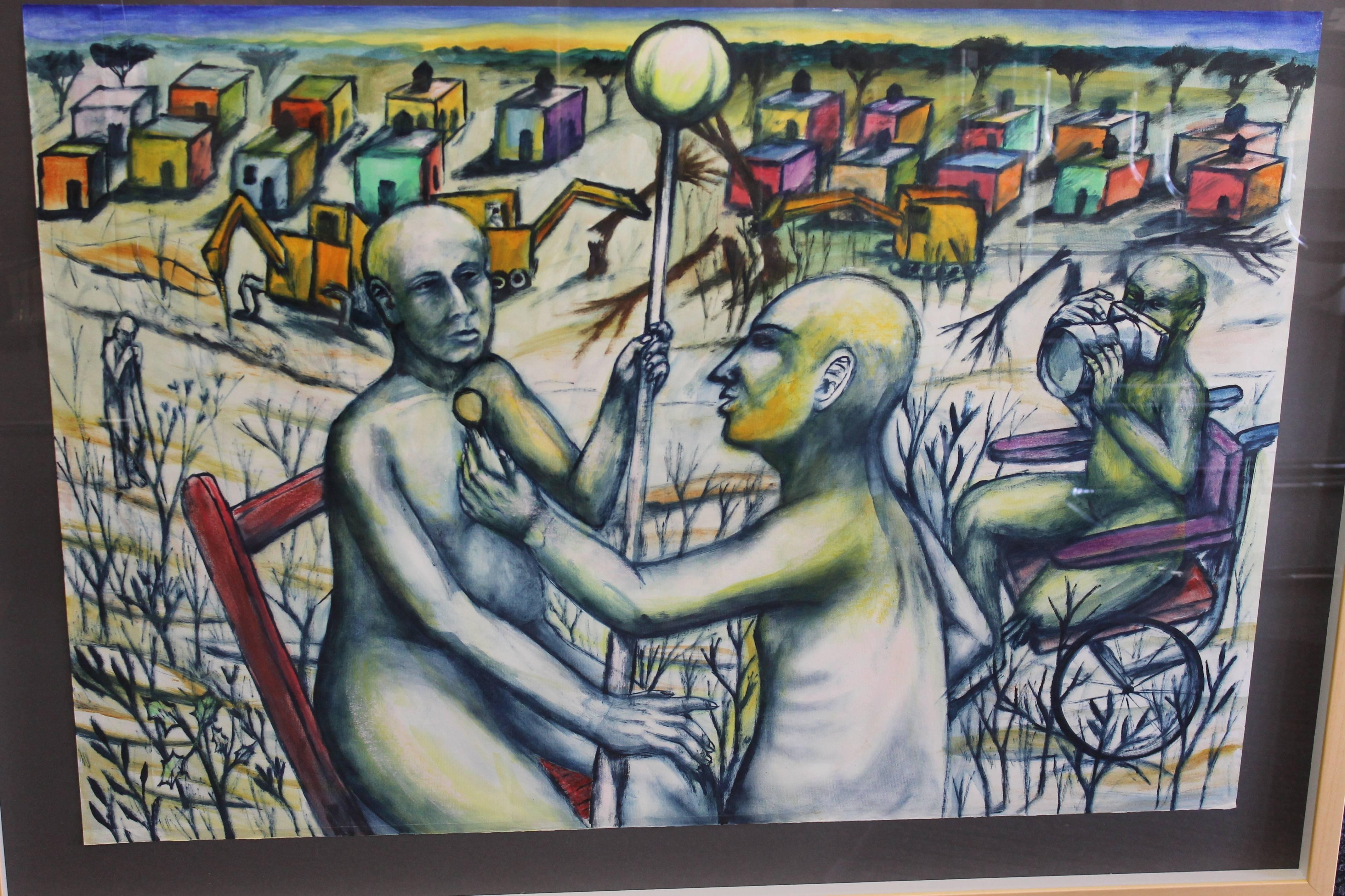 Pintura sobre papel de Daniel Ruben Rosel titulada La entrevista con saramago y fechada en 2001. El cuadro enmarcado mide 46,5
