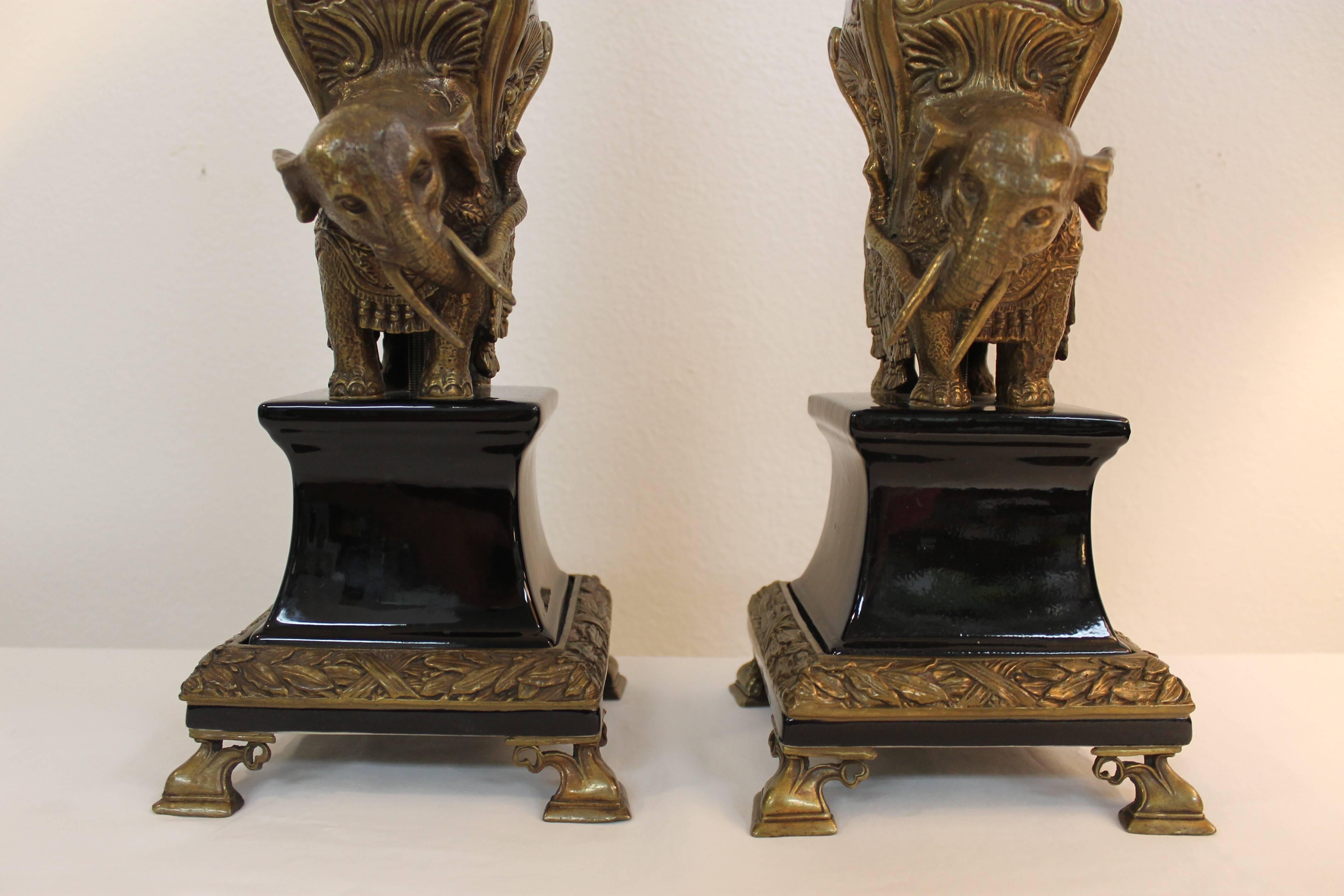 Brass Pair of Hollywood Regency Elephant Obelisk Lamps