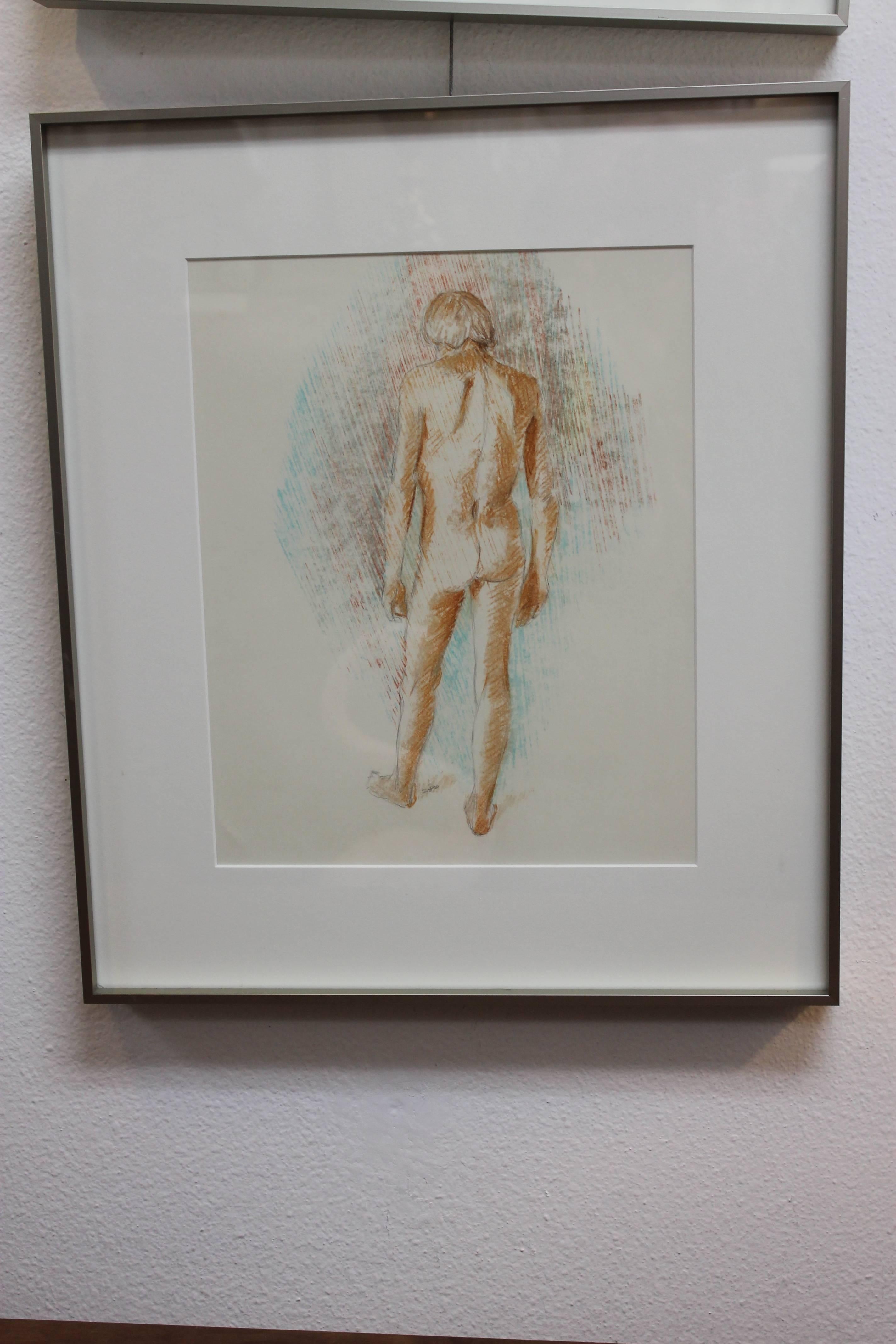 Duane Richard Raoul Faralla (1916 - 1996) nude drawing. We also have the front view available for sale. This drawing done with pencil and water color is unlike what Faralla is known for. He's known for sculptures made of recycled wood. Unframed it's