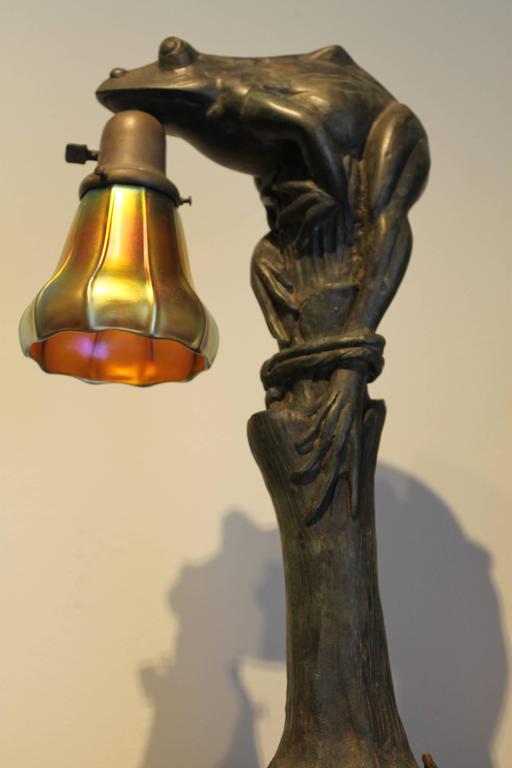 Art Nouveau Figural Bronze Frog Lamp with Steuben Shade at 1stDibs