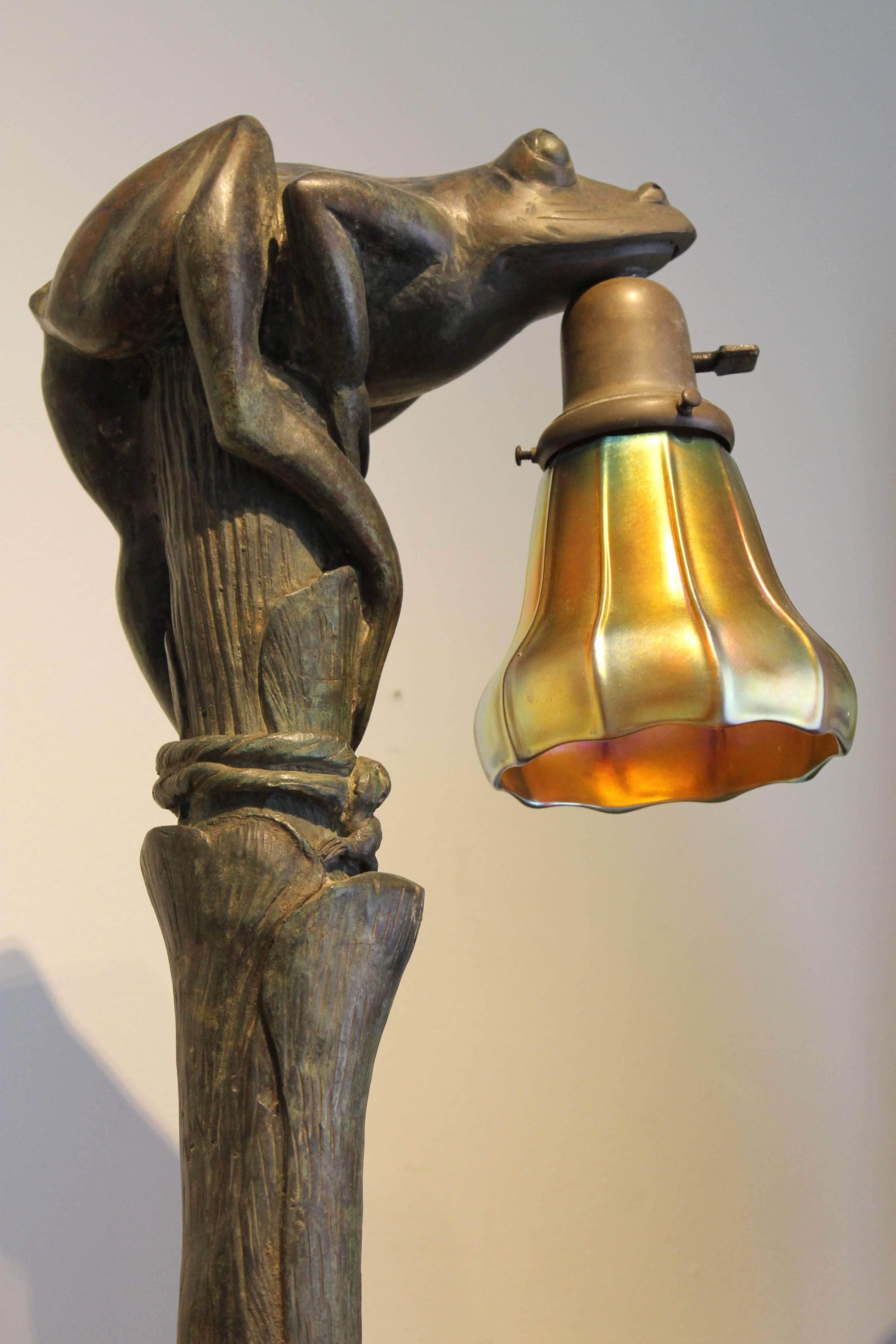American Art Nouveau Figural Bronze Frog Lamp with Steuben Shade