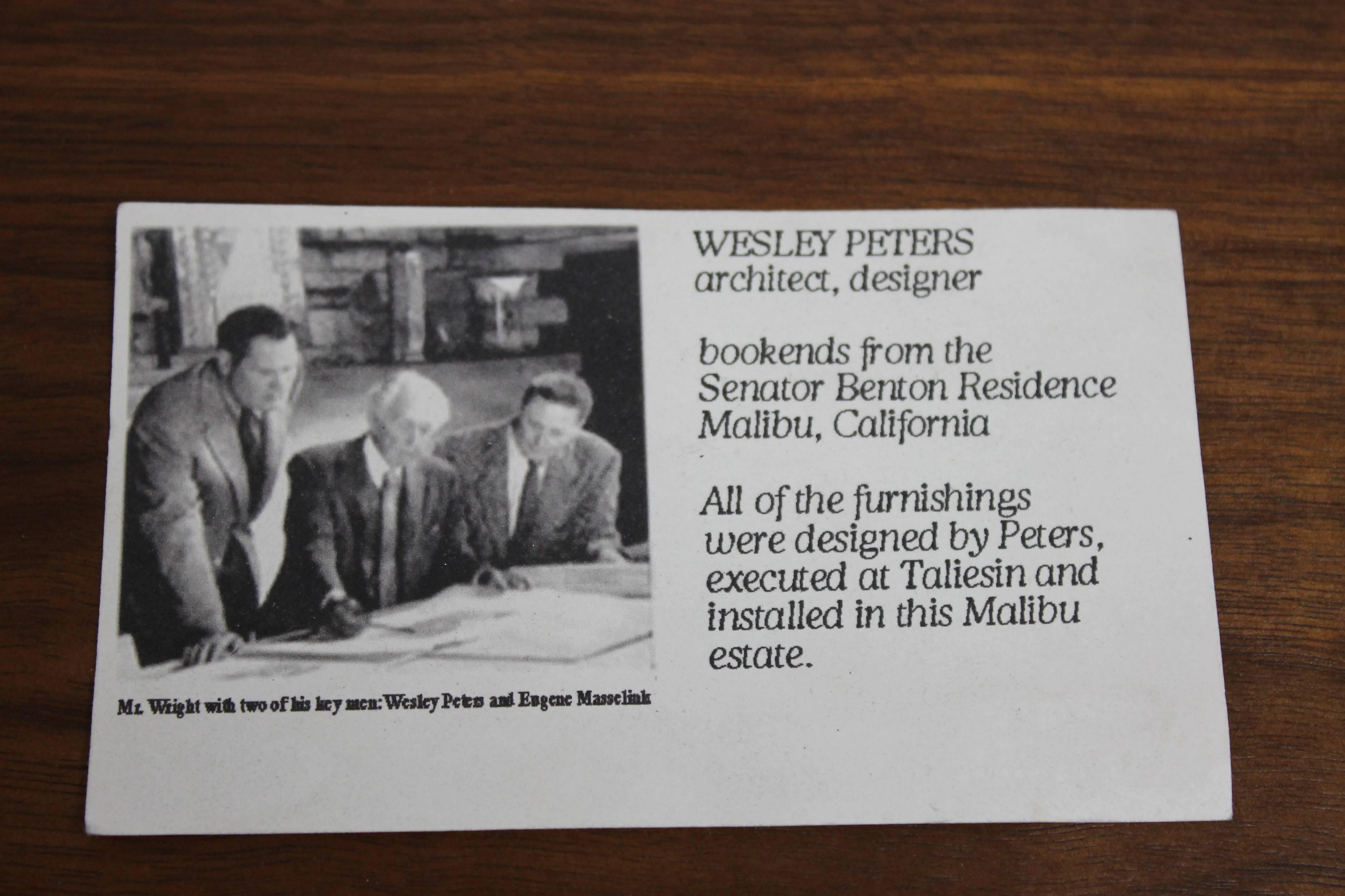 Wesley Peters Bookends, Frank Lloyd Wright Apprentice In Excellent Condition In Palm Springs, CA