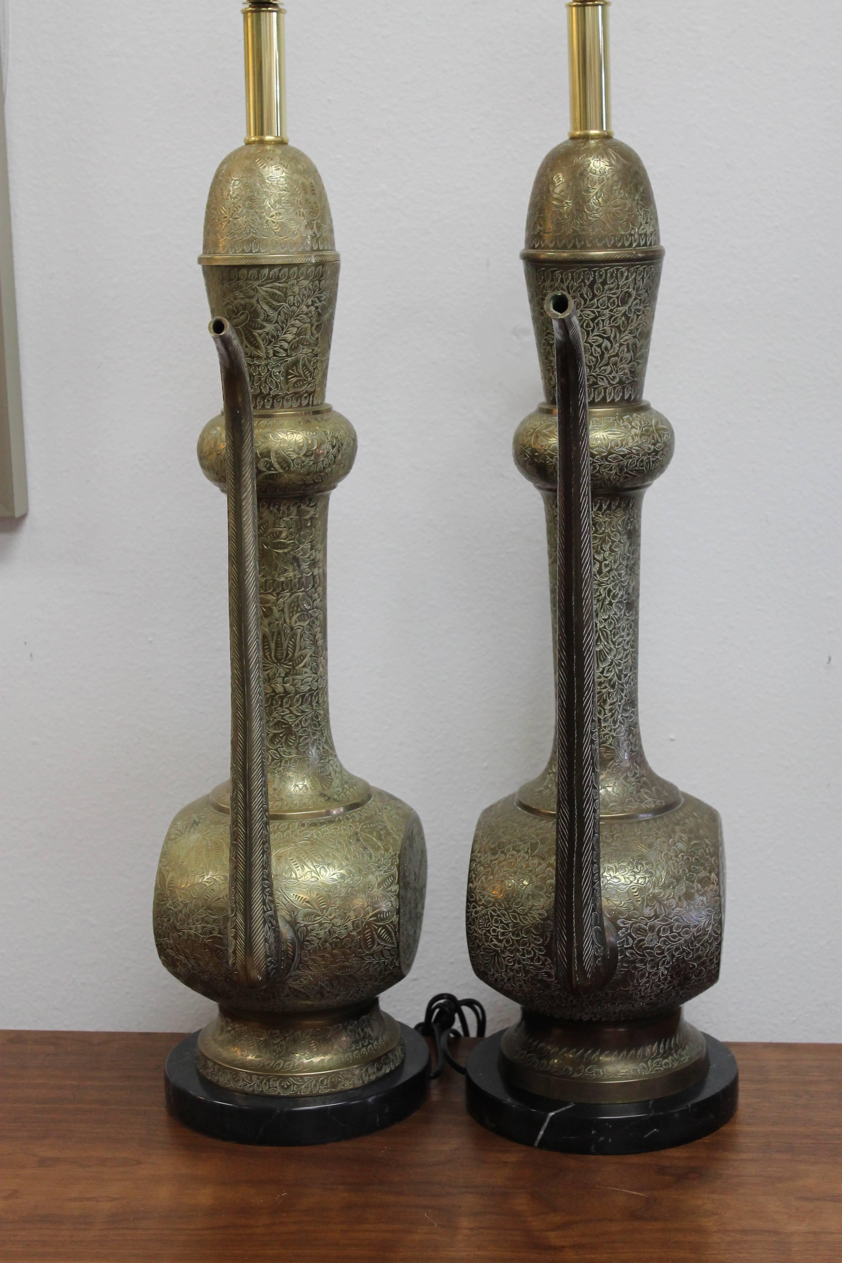 Moroccan Pair of Engraved Brass Ewer Lamps