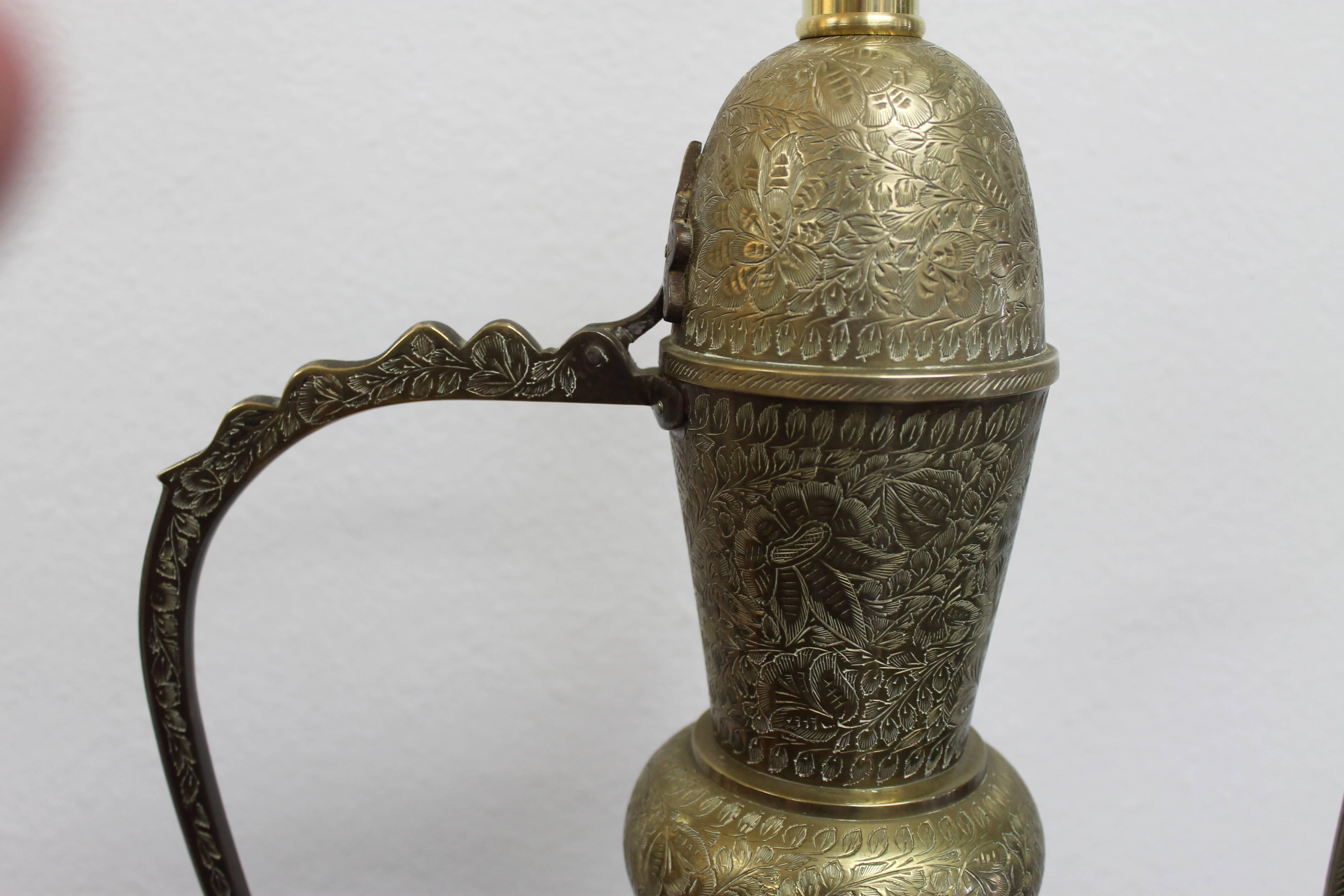Pair of Engraved Brass Ewer Lamps 1