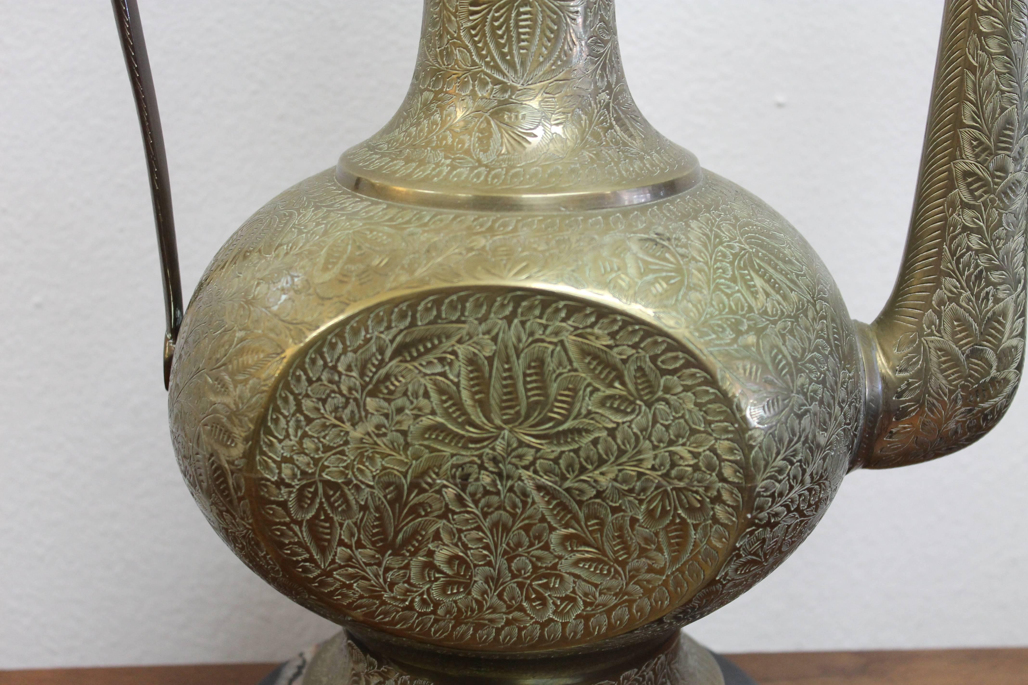 Pair of Engraved Brass Ewer Lamps 2