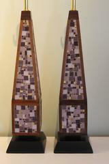 Pair of Monumental Glass Mosaic Obelisk Lamps