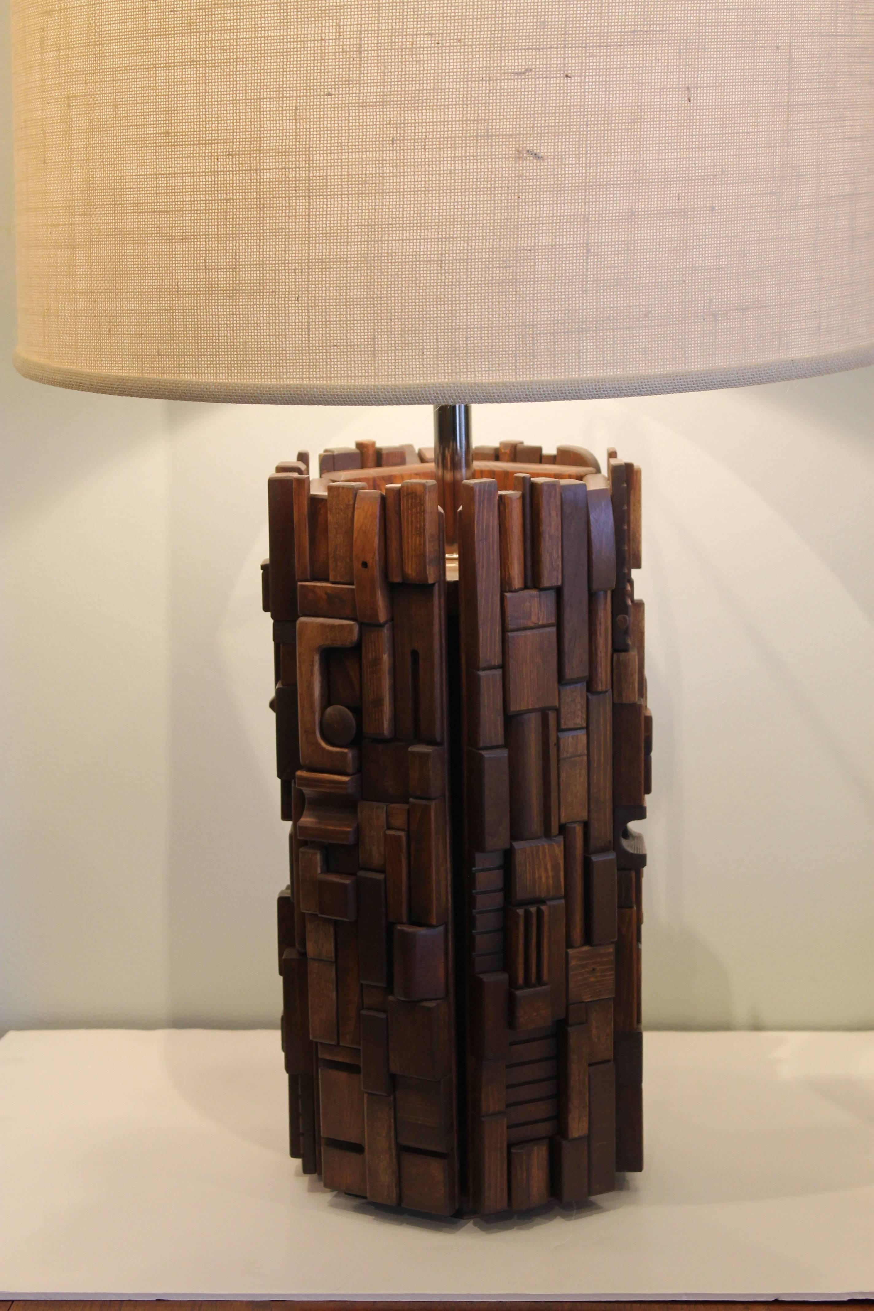 Wood Mosaic Lamp Attributed to Mabel Hutchinson In Excellent Condition In Palm Springs, CA