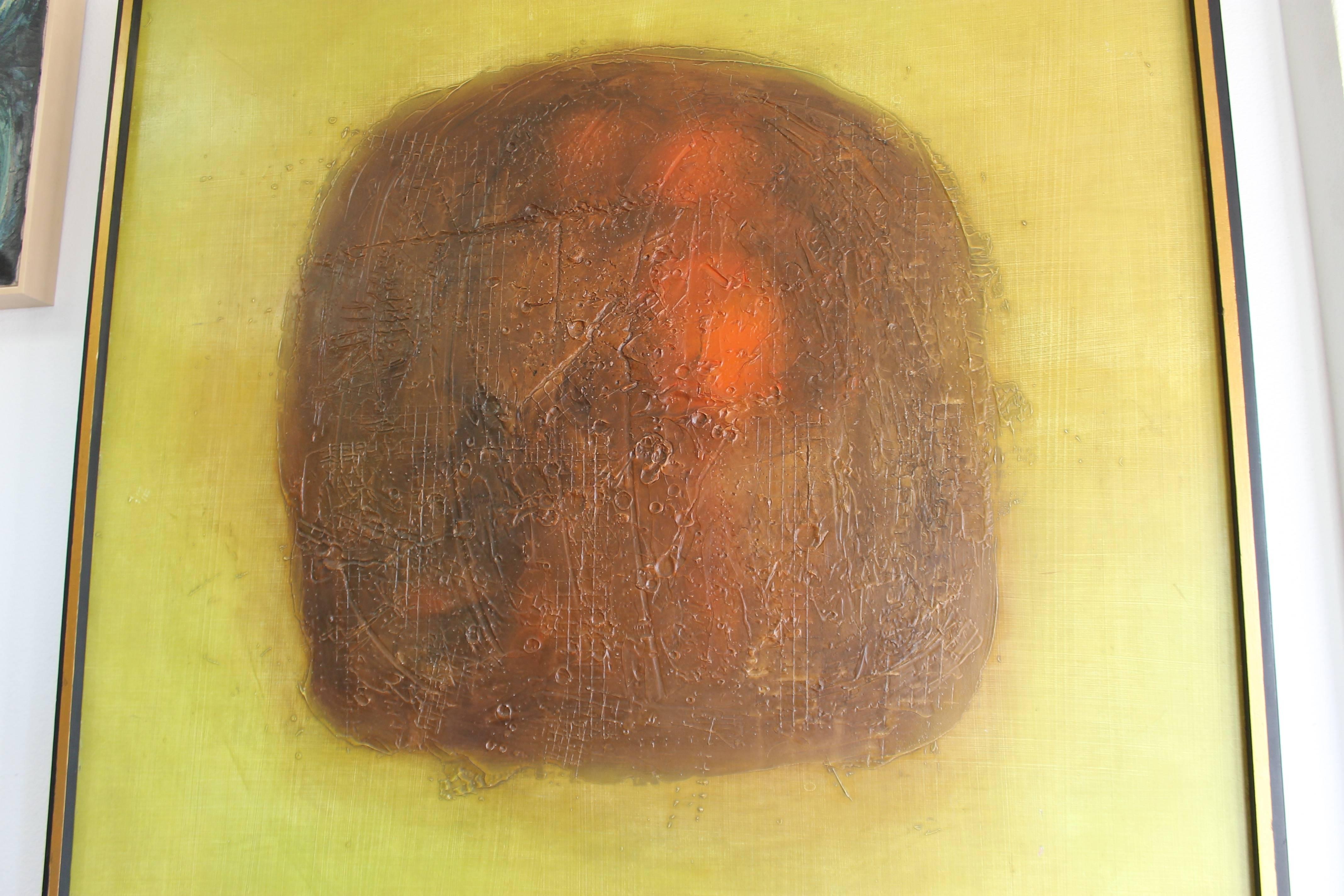 A oil on canvas by California painter Duane Armstrong, circa 1966. This piece features a central rounded field of heavily textured paint over wire, creating an asteroid like affect. The background seems to glow with subtle layers of green and gold.