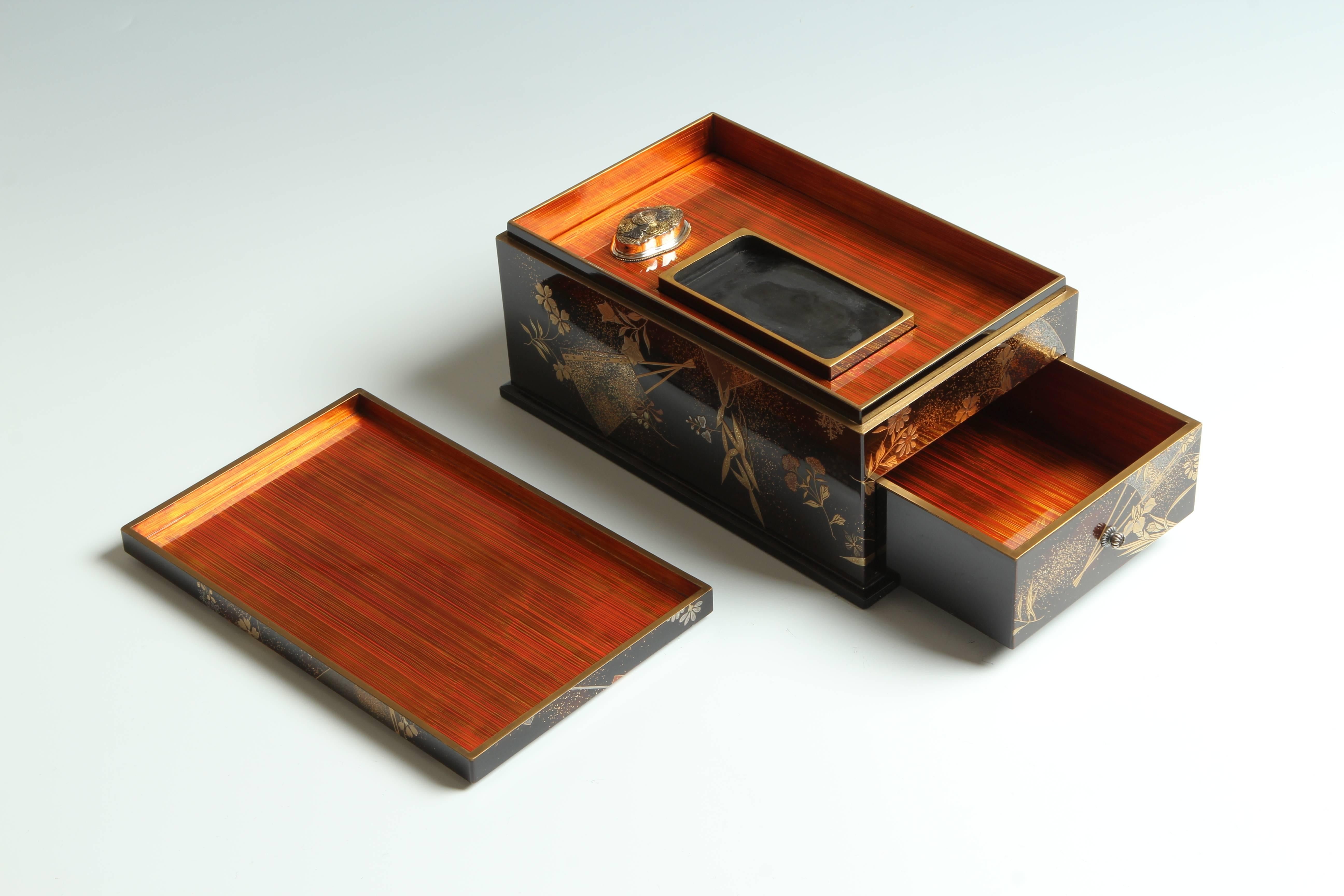 A nando suzuribako (writing box with en-suite storage) with aikuchi (flush-fitting) lid and beveled chiri-i (ledges between the top and the sides), comprising a box, lid, detachable tray fitted with removable suzuri (ink stone) and suiteki