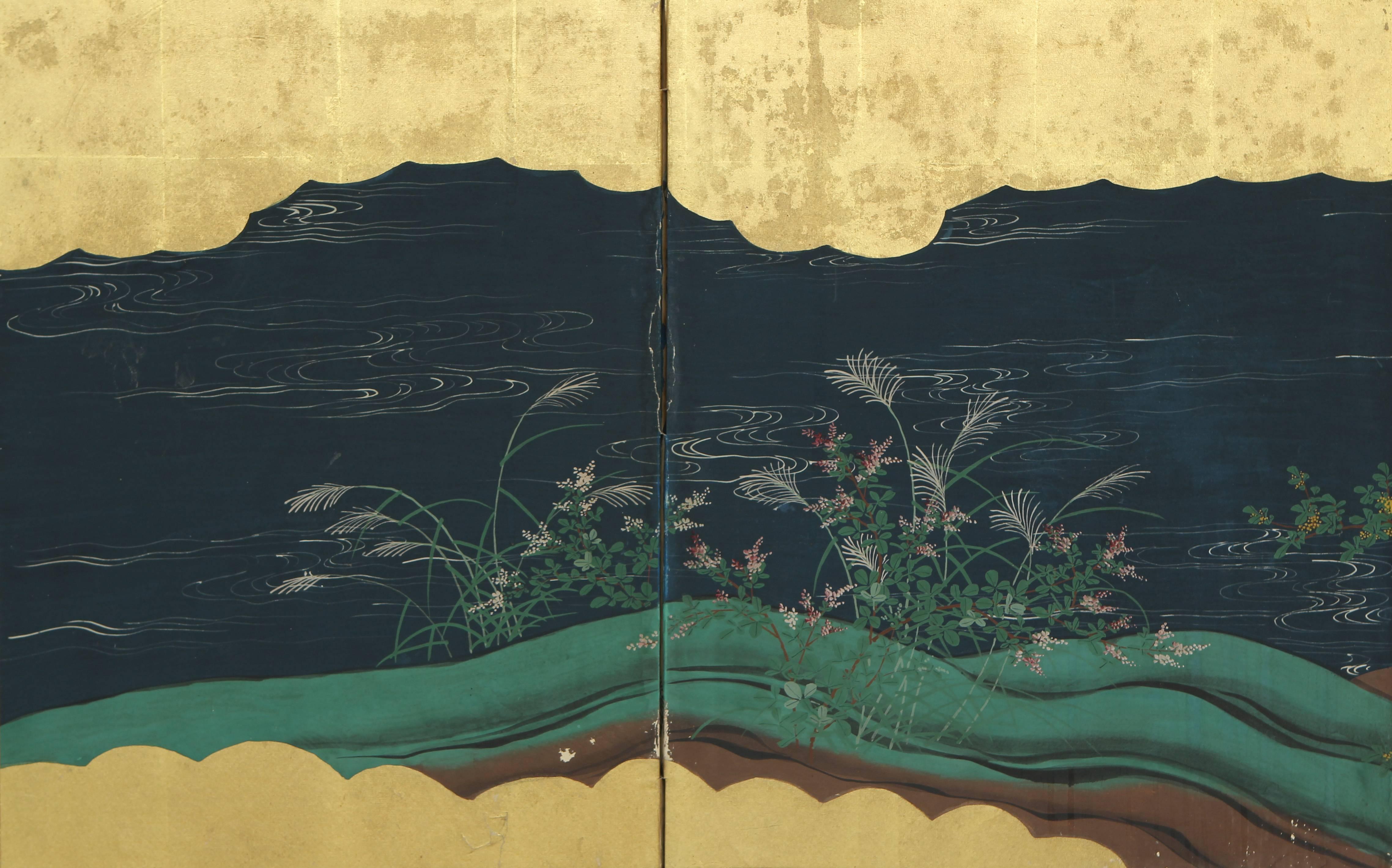 Six-panel folding screen with blooming flowers and autumn grasses on grassy banks by a stream. Painting in ink and mineral colors on paper with gold leaf.