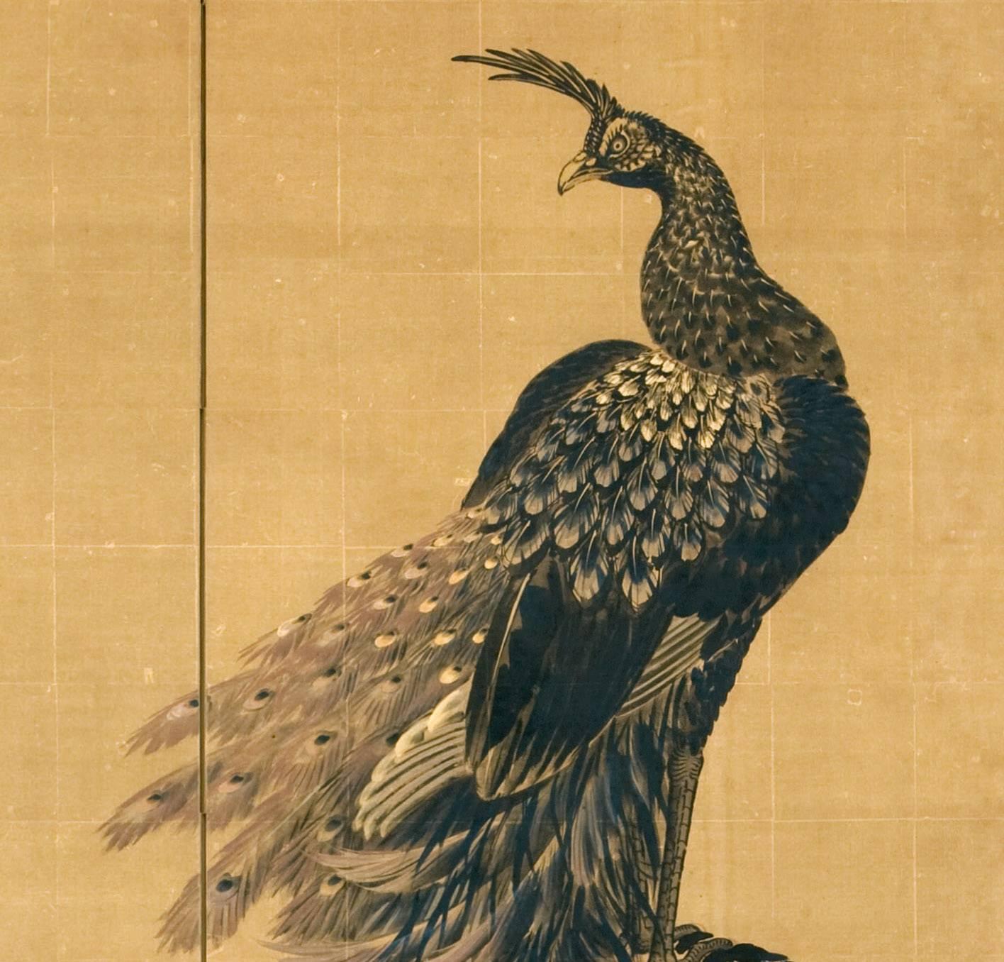 Two panel folding screen; ink, gold and colors on silk with gold leaf.

A majestic peacock stands on top of a craggy cliff and surveys the world around him, while his mate walks below, in the safety of his alert gaze. Signed Kanpo and with two