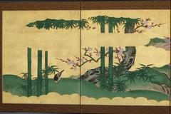 Japanese Screen with Birds over Flowering Plums and Bamboo