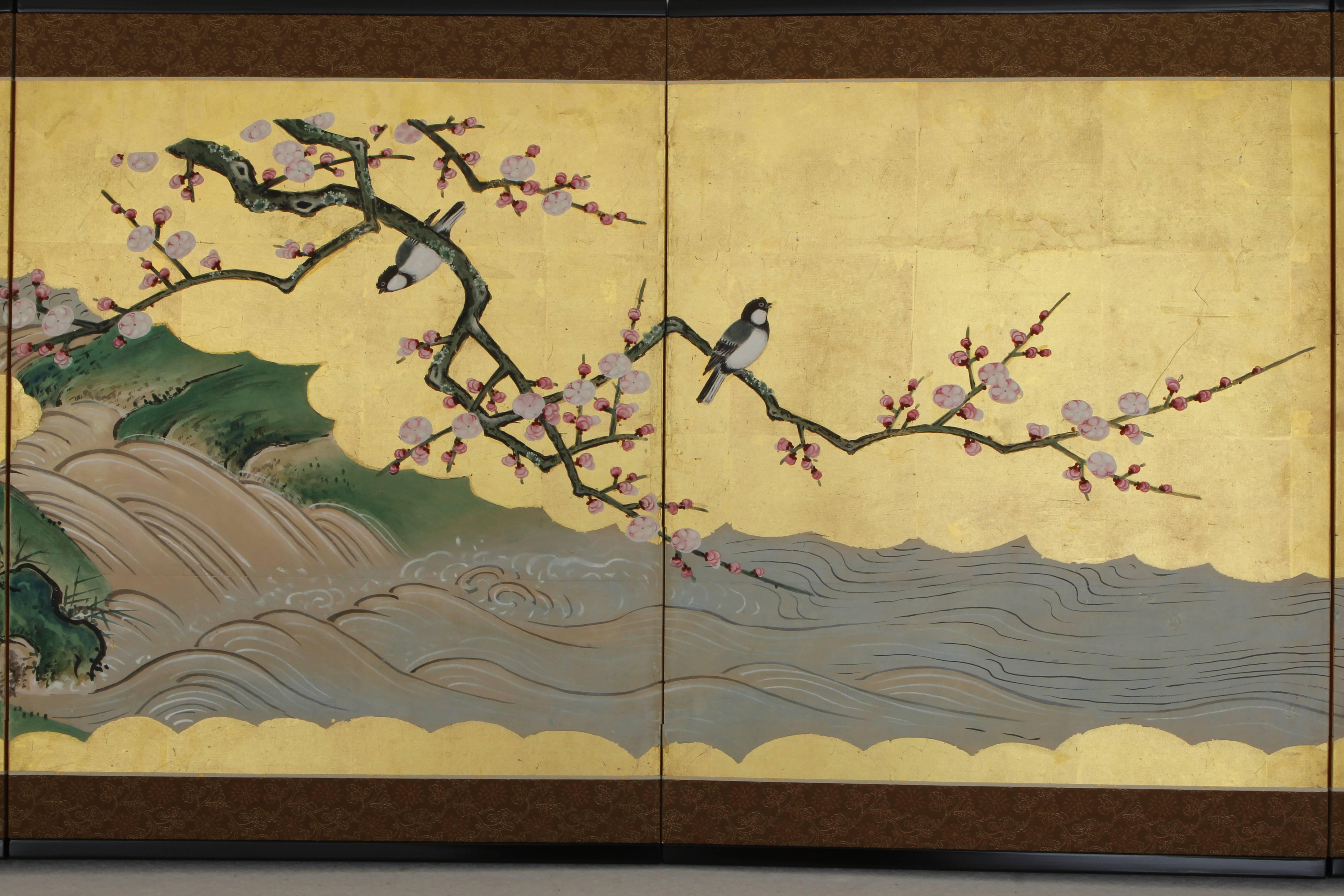 Hand-Painted Japanese Screen with Birds over Flowering Plums and Bamboo For Sale