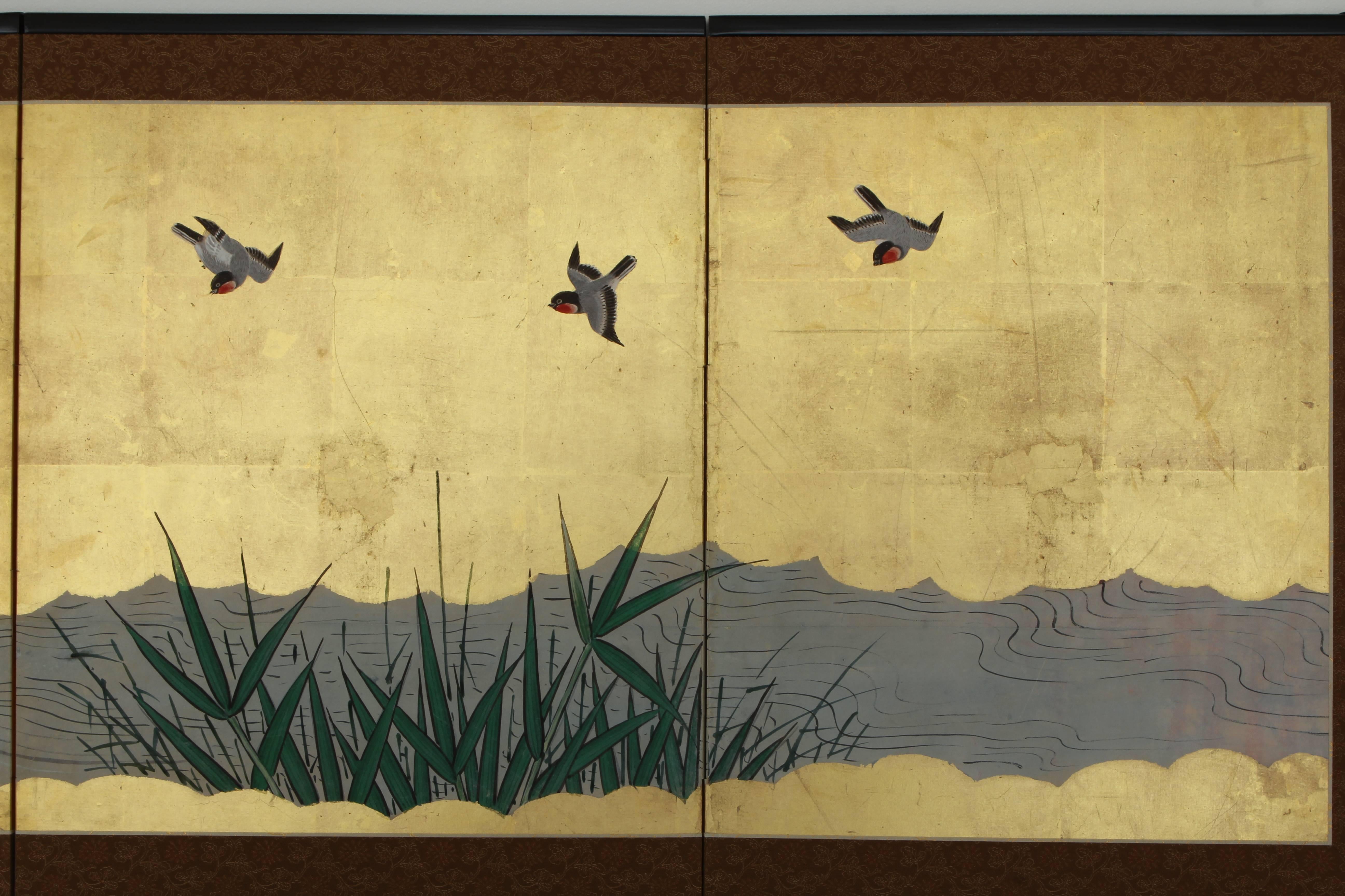 Japanese Screen with Birds over Flowering Plums and Bamboo In Excellent Condition For Sale In New York, NY