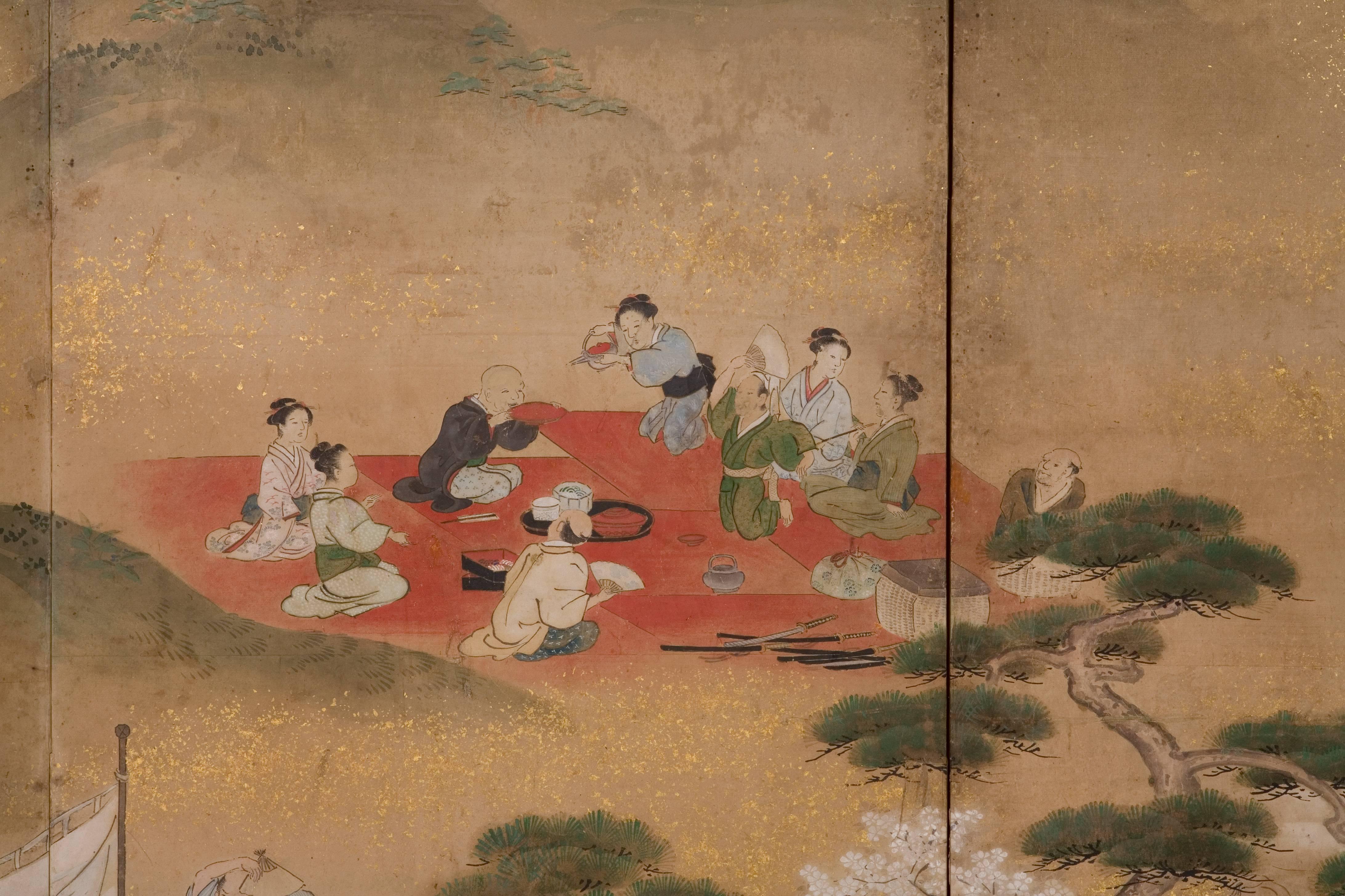 Six-panel folding screen with painting in ink, mineral colors, gofun, and gold on paper of locals enjoying sake and sushi while viewing cherry blossoms and performances, the scene takes place in eastern Kyoto by Gion with the Kiyomizu temple visible