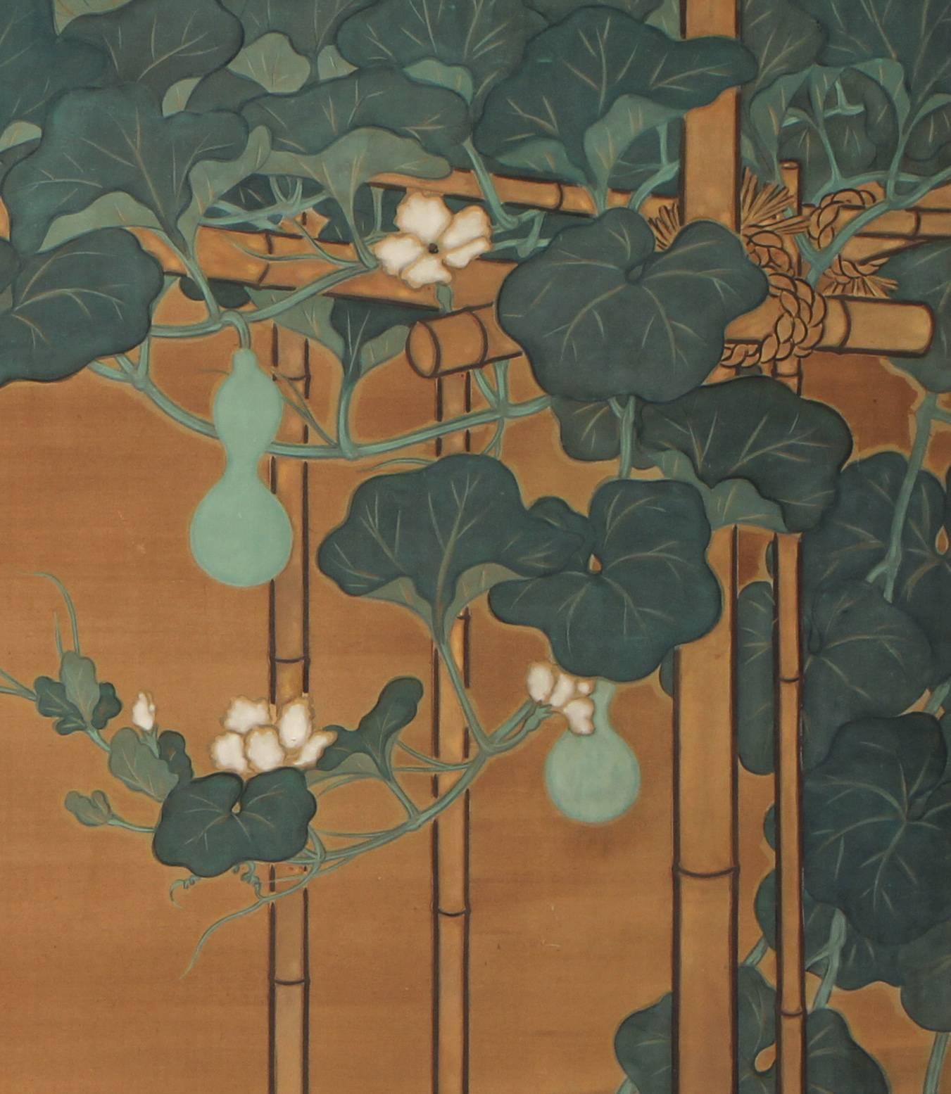 Screen with Flowering Gourds and Insects In Excellent Condition For Sale In New York, NY
