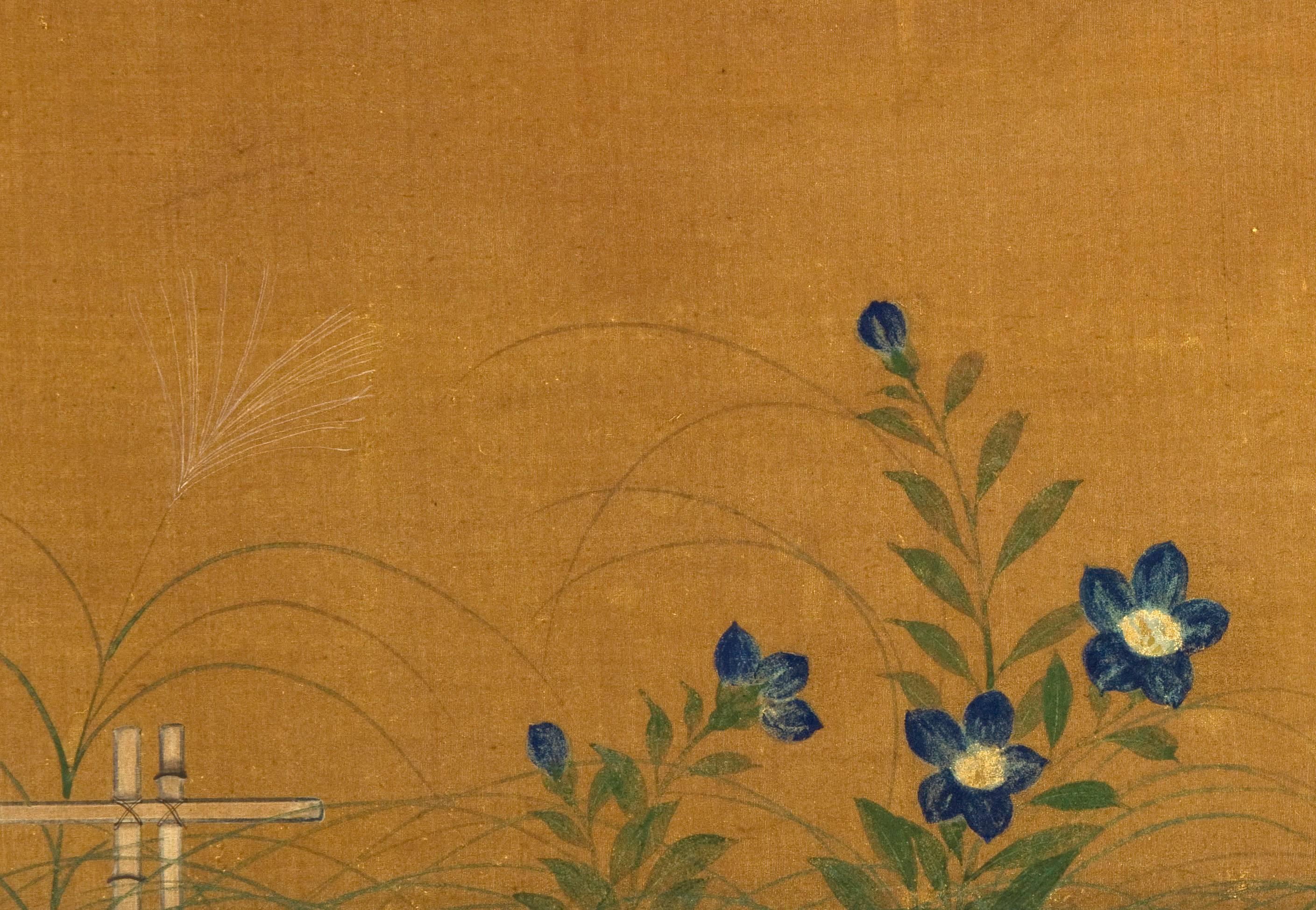 Ink, mineral colors, and gofun (sea shell powder) on silk backed with gold leaf (urahaku).
