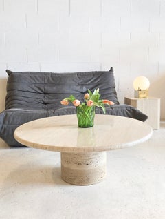 Rare Round Cylindrical Travertine Coffee Table, 1970s.
