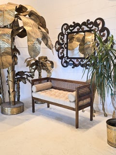 Midcentury Modern Walnut Bench Setteee With Caning