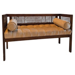 Midcentury Modern Walnut Bench Setteee With Caning