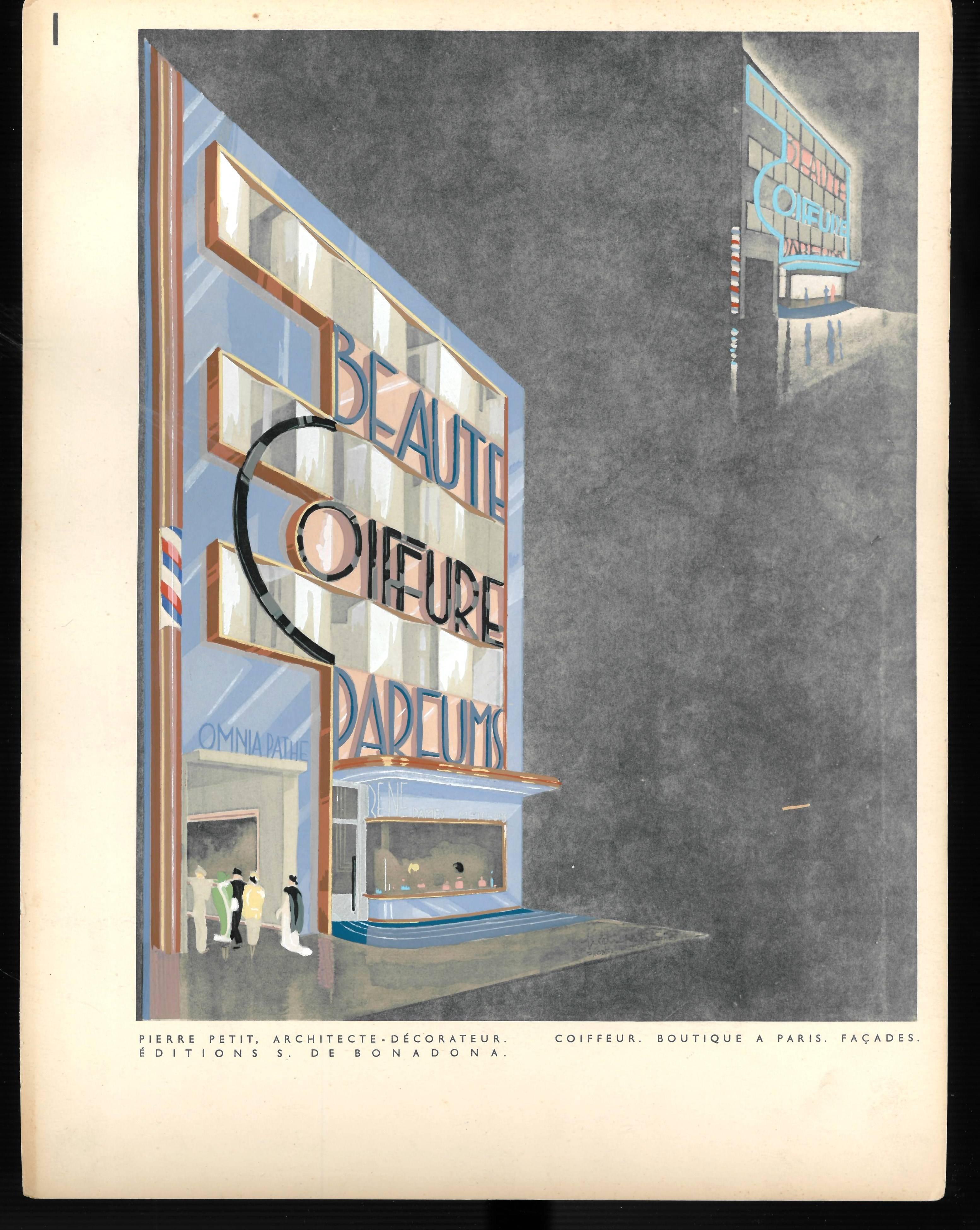 Published circa 1930, this is a portfolio containing 48 loose plates - 29 of which are colored in pochoir, the remainder are photographic images showing Parisian shop facades and interiors. Includes shoe shops, fashion boutiques, a book shop, bars