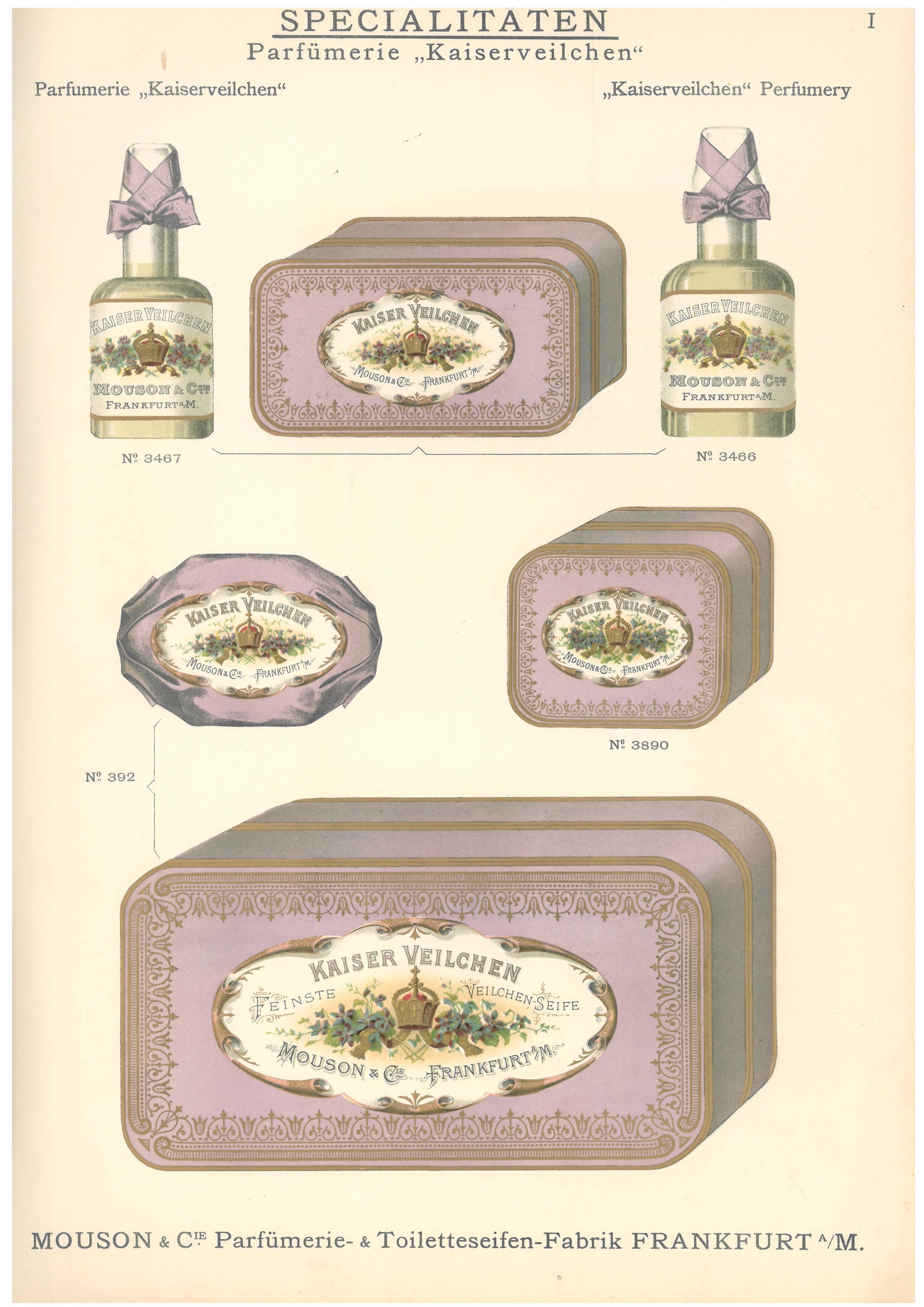 Catalogue of Perfumes, Toiletries and Cosmetics
A rare sale catalogue of luxury goods including perfumes, toiletries and soaps from the early years of the twentieth century produced by Mousons & Cie of Frankfurt. Lavishly illustrated with over 750