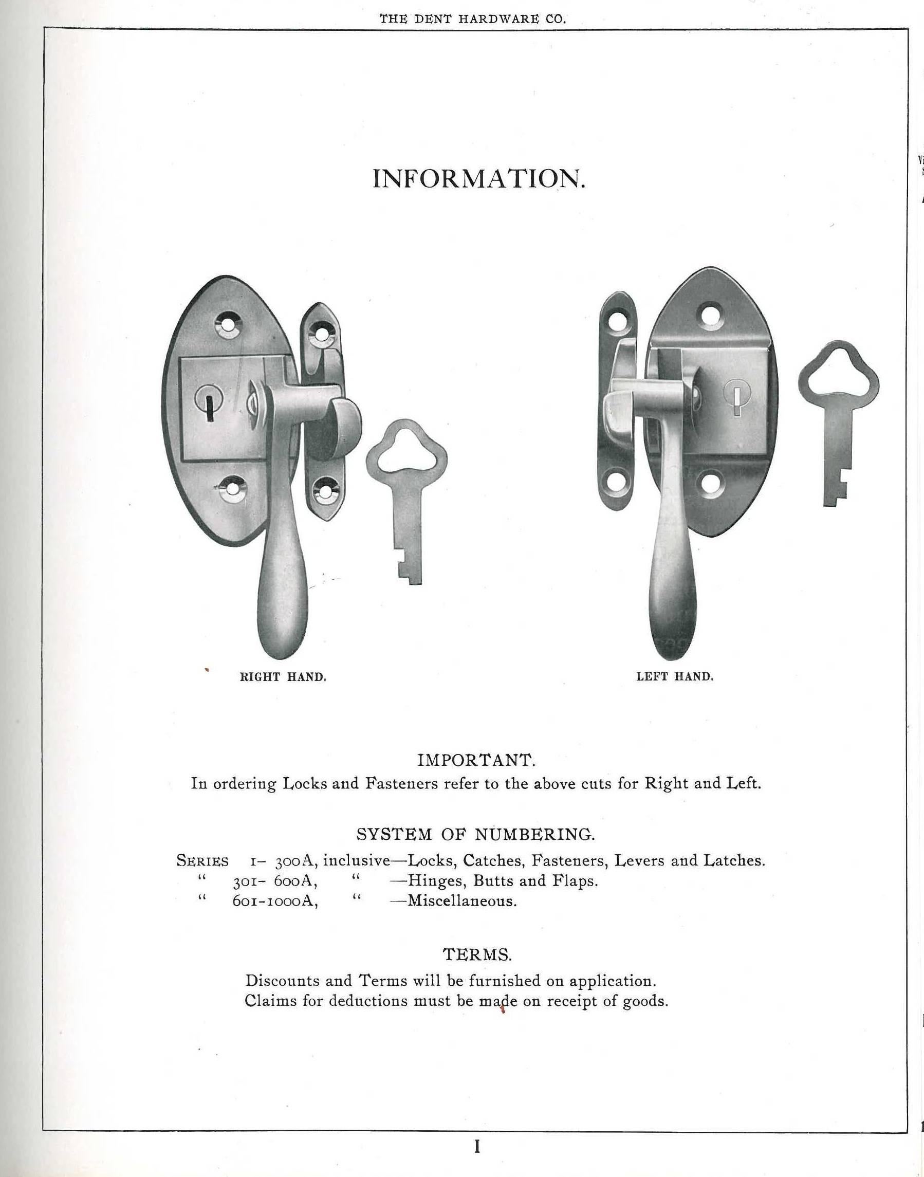 This is a trade catalogue dating from 1911 show casing the wares produced by Dent Hardware of Fullerton PA. The main line of business at that time was the production of refrigerator hardware including locks and fasteners but also included catches,