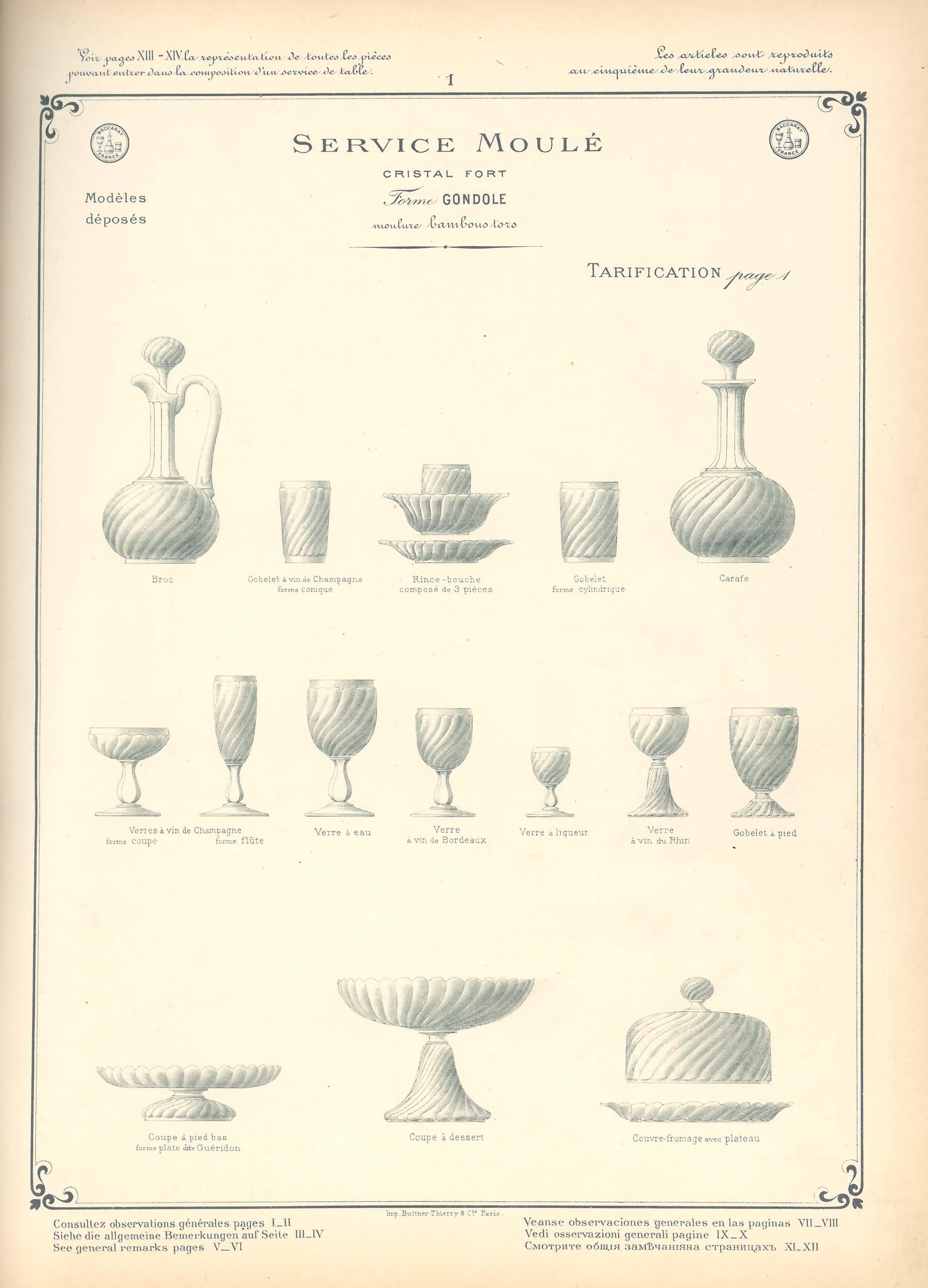 This is the 1903-1904 edition of the Baccarat company catalogue. It shows a wide range of styles and designs of this famous and iconic producer of crystal ware. There is a 16 page introduction with text in French, followed by 154 plates with